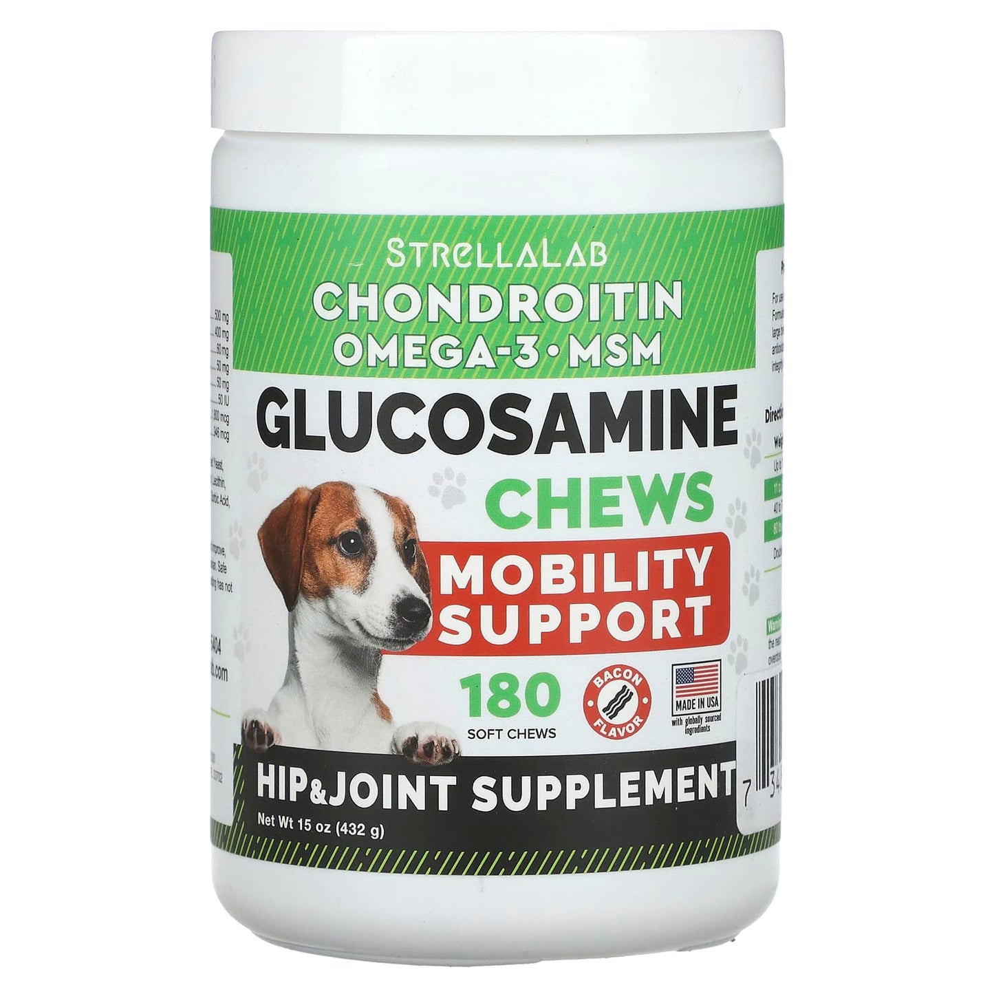 StrellaLab, Glucosamine Chews, For Dogs and Cats, Bacon, 180 Soft Chews, 15 oz (432 g) - Image 1