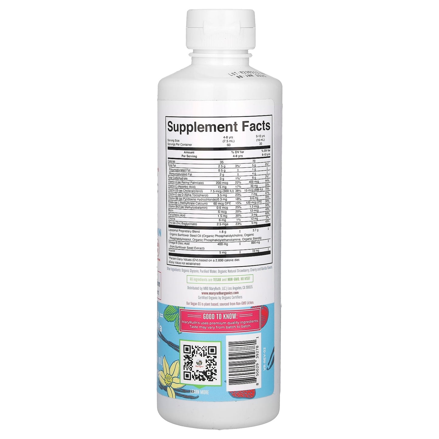 MaryRuth's, Organic Kids Multivitamin Liposomal, Ages 4-13 Years, Strawberry Cherry Vanilla, 15.22 fl oz (450 ml) - Image 2