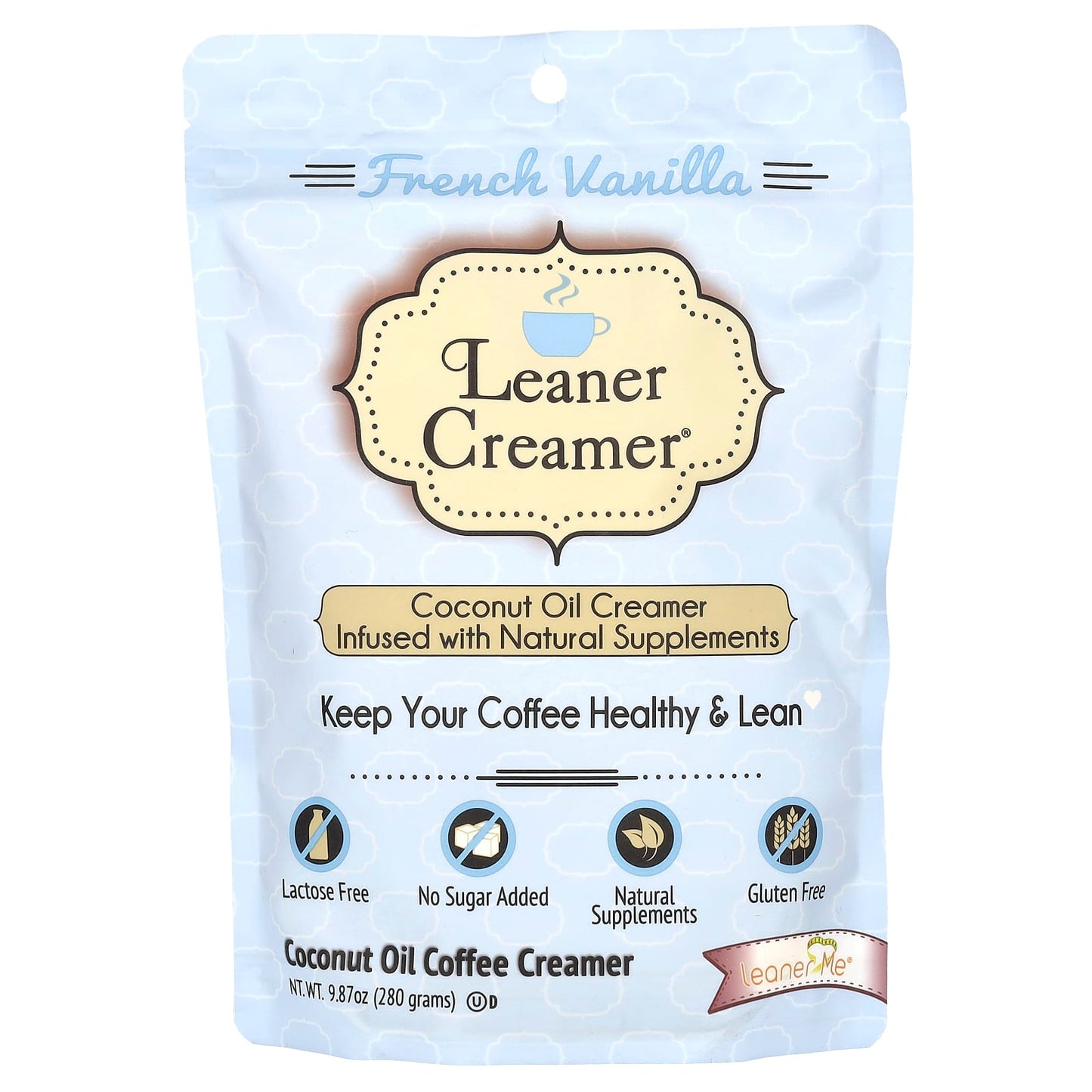 Leaner Creamer, Coconut Oil Coffee Creamer, French Vanilla, 9.87 oz (280 g) - Image 1