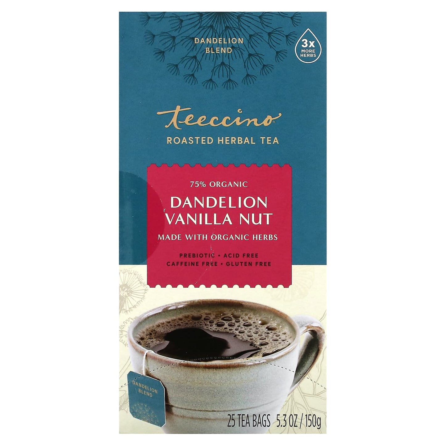 Teeccino, Roasted Herbal Tea, Dandelion Vanilla Nut, Caffeine Free, 25 Tea Bags, 5.3 oz (150 g) - Image 1