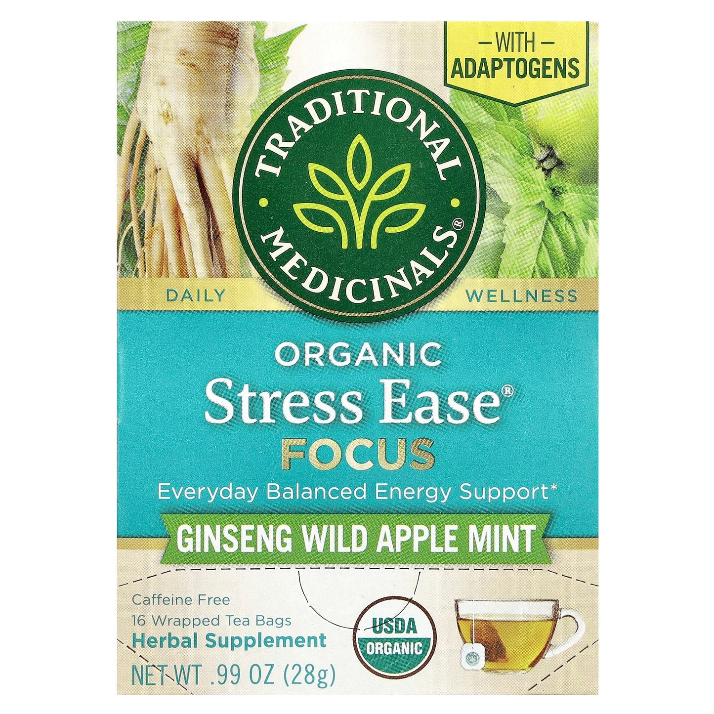 Traditional Medicinals, Organic Stress Ease® Focus, Ginseng Wild Apple Mint, Caffeine Free, 16 Wrapped Tea Bags, 0.99 oz (28 g) - Image 1