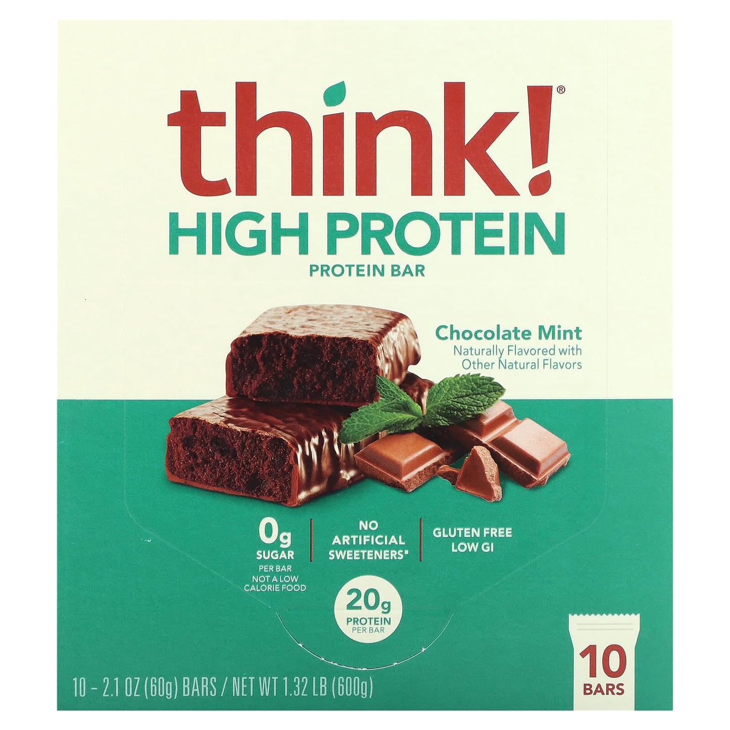 Think !, High Protein Bars, Chocolate Mint, 10 Bars, 2.1 oz (60 g) Each - Image 1