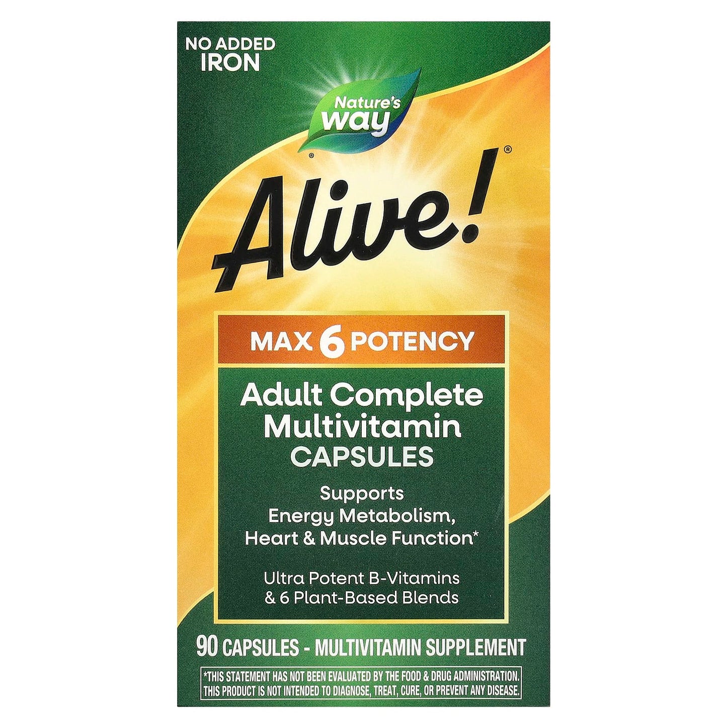 Nature's Way, Alive!® Max6 Potency, Adult Complete Multivitamin, No Added Iron, 90 Capsules - Image 1