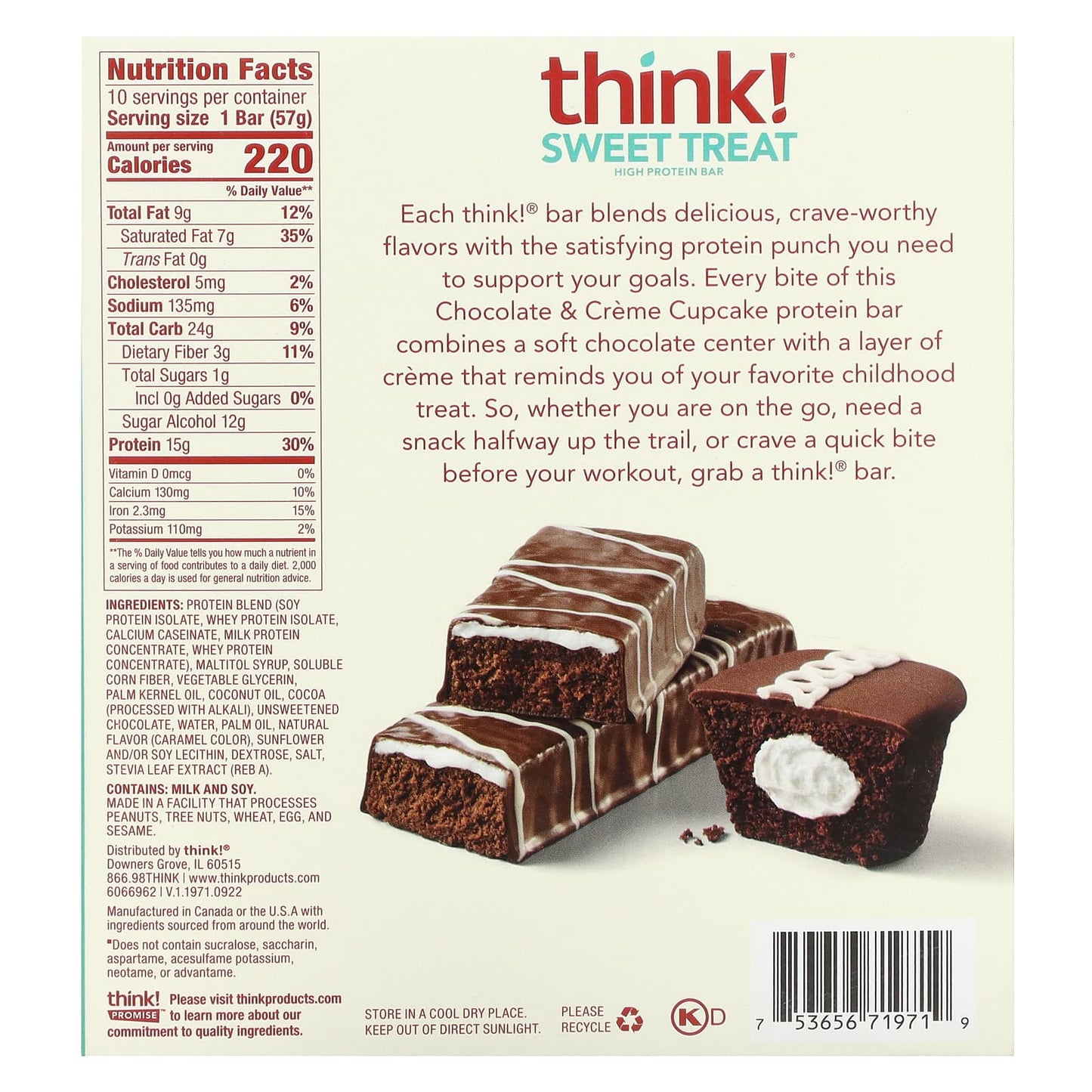 Think !, Sweet Treat, High Protein Bar, Chocolate & Creme Cupcake, 10 Bars, 2.01 oz (57 g) Each - Image 2