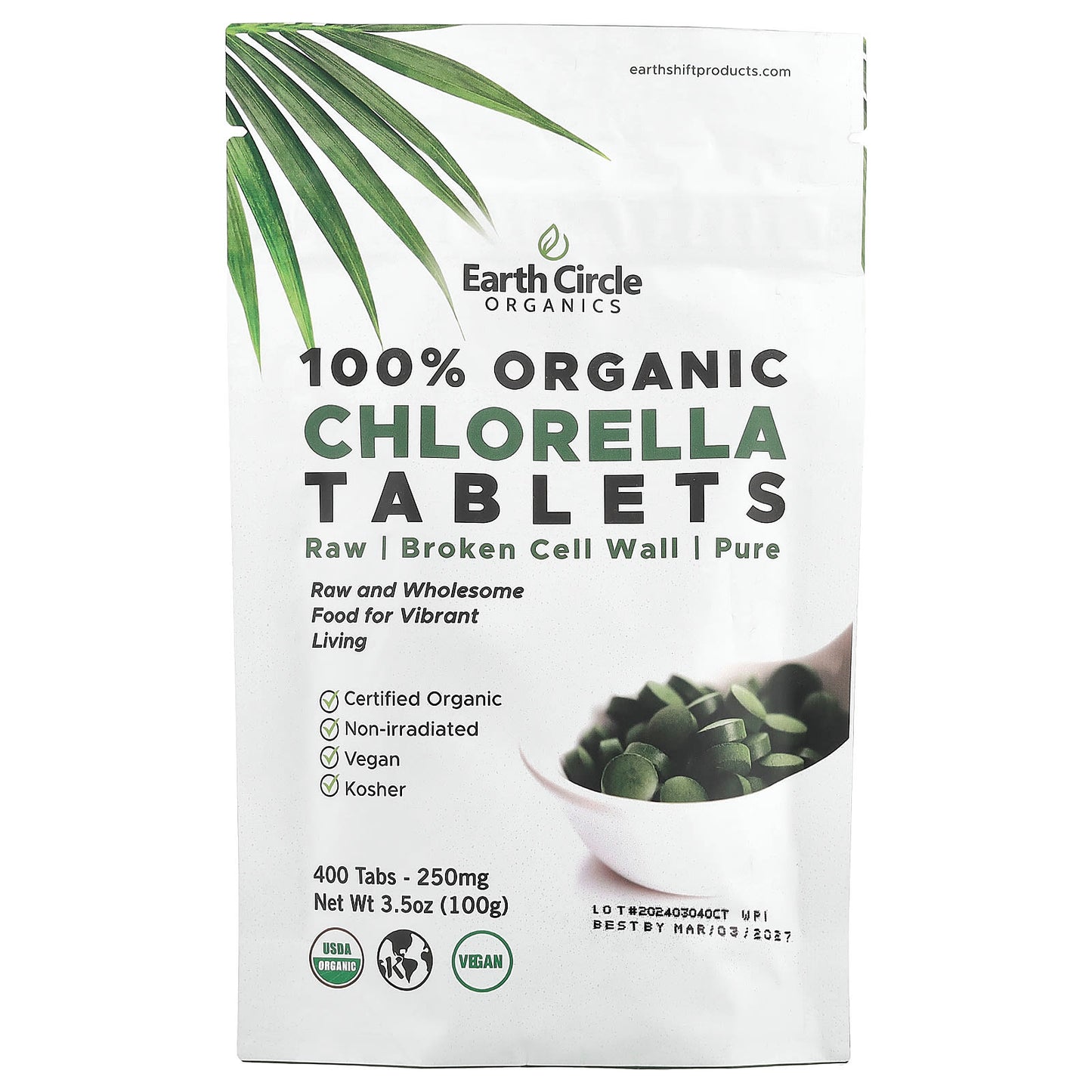 100% Organic Chlorella Tablets by Earth Circle Organics - 400 Tablets - Image 1