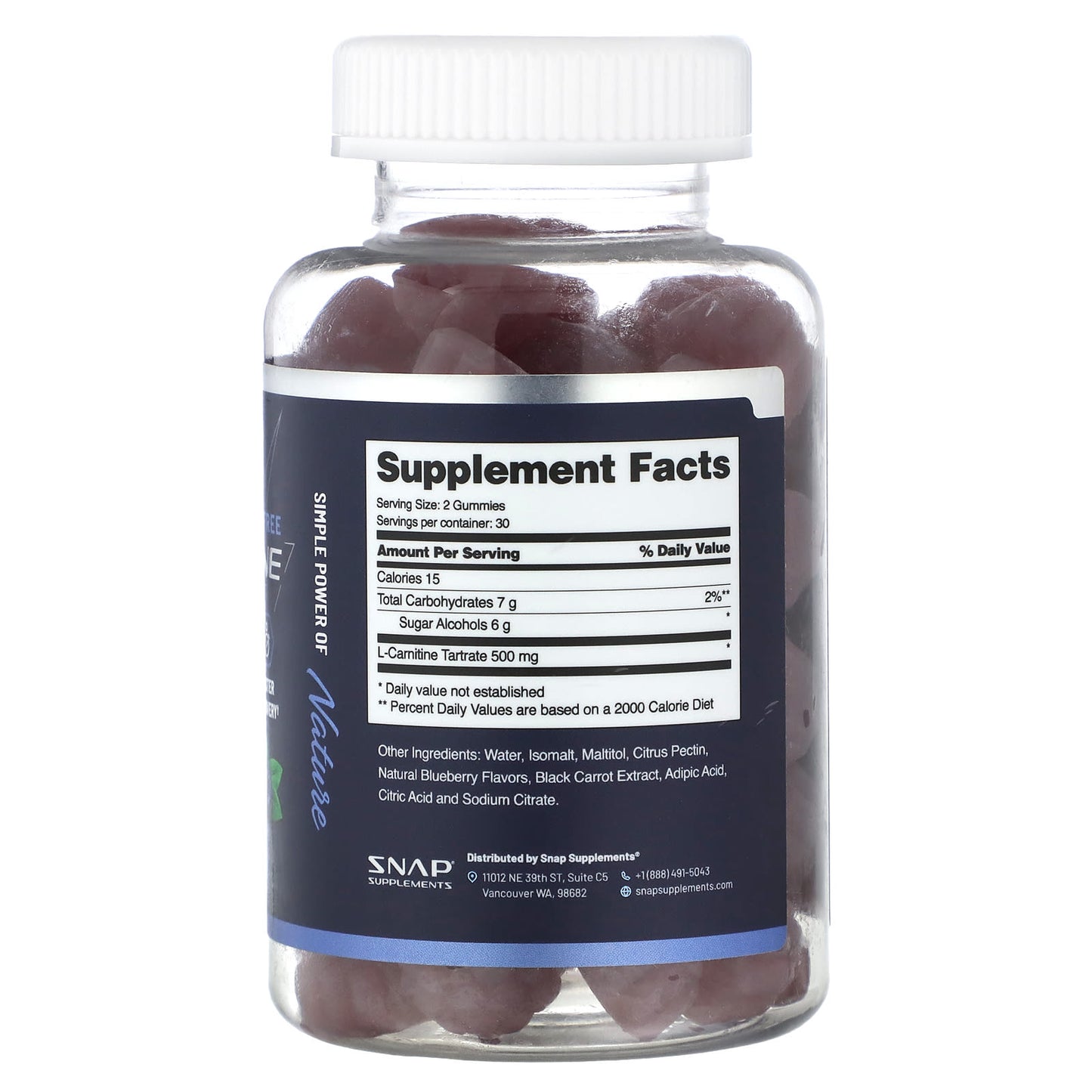 Snap Supplements, L-Carnitine Gummies, Sugar Free, Blueberry, 60 Gummies (250 mg per Gummy)