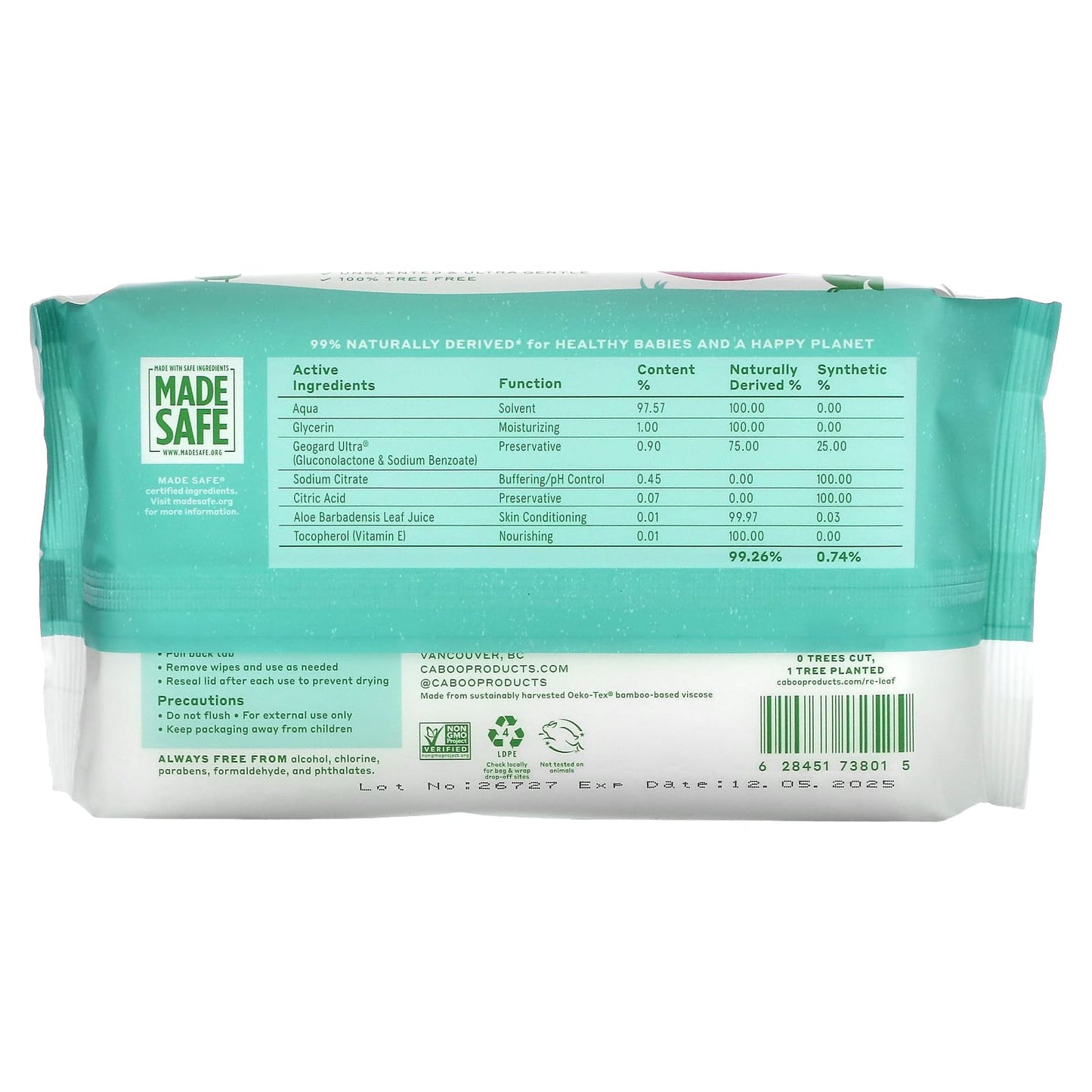 Caboo Bamboo Baby Wipes Unscented 72 Jumbo Wipes - Plastic Free & Gentle - Image 2