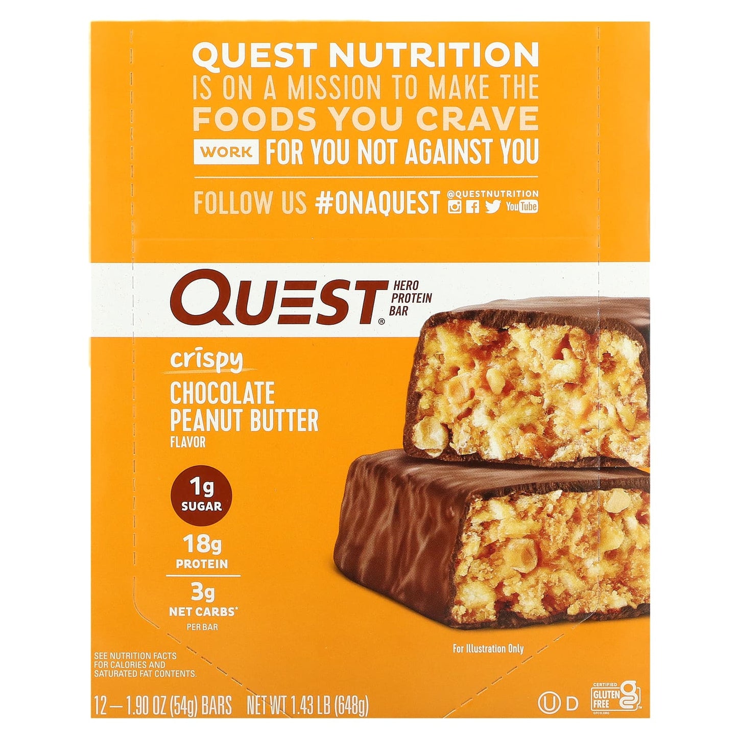 Quest Nutrition, Hero Protein Bar, Crispy Chocolate Peanut Butter, 12 Bars, 1.9 oz (54 g) Each - Image 1