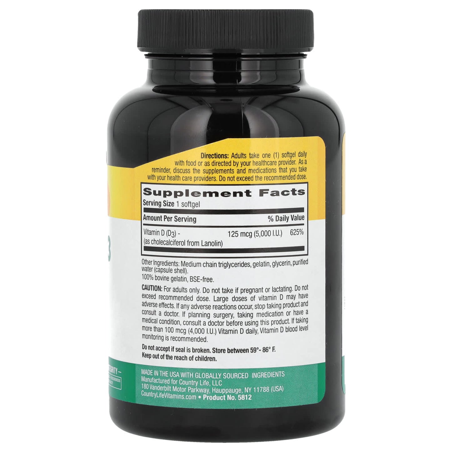 Country Life Vitamin D3 5000 IU, 125 mcg, 365 Softgels, Non-GMO & Gluten-Free - Image 2