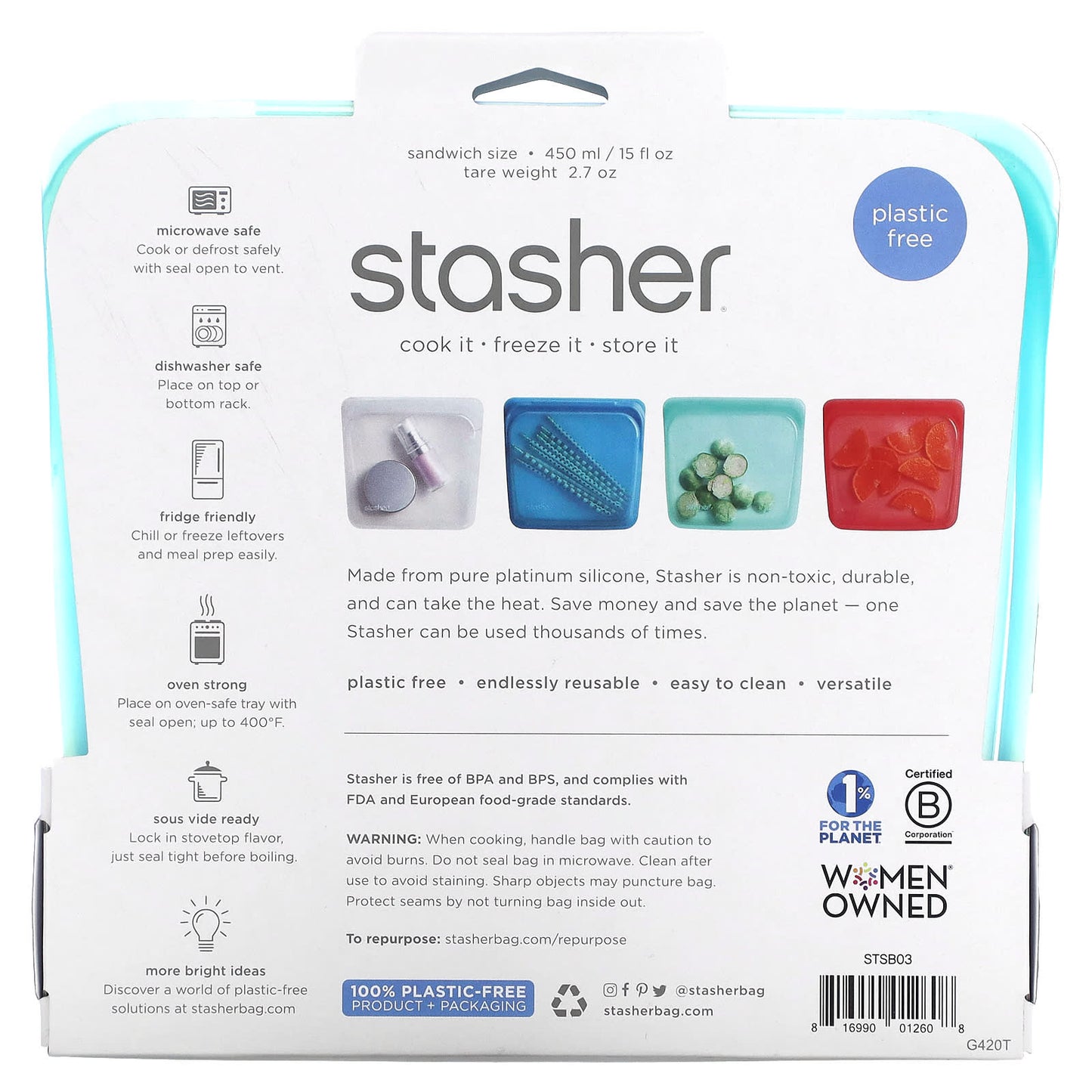 Stasher, Reusable Silicone Food Bag, Sandwich Size, Aqua, 15 fl oz (450 ml) - Image 2