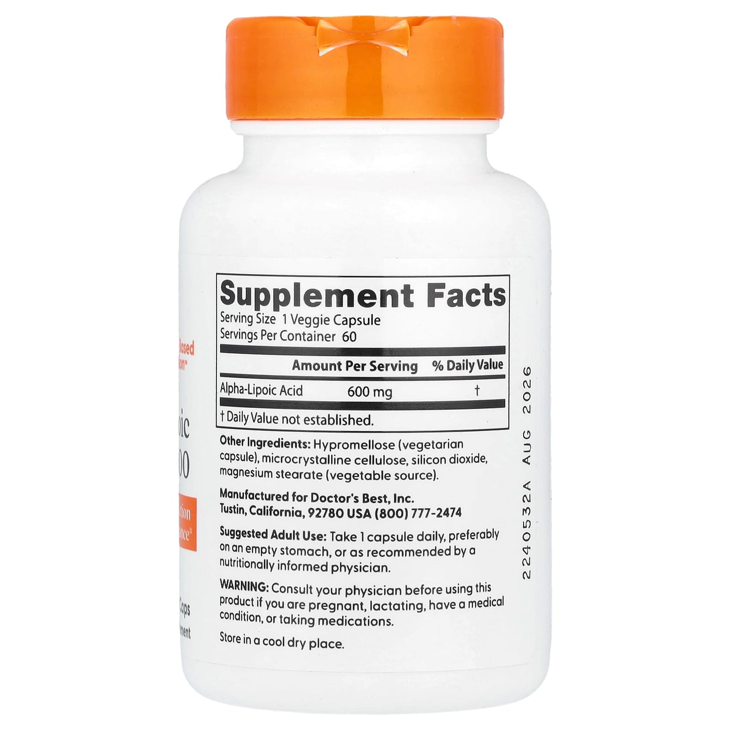 Alpha-Lipoic Acid 600mg 60 Veggie Caps by Doctor's Best - Image 2