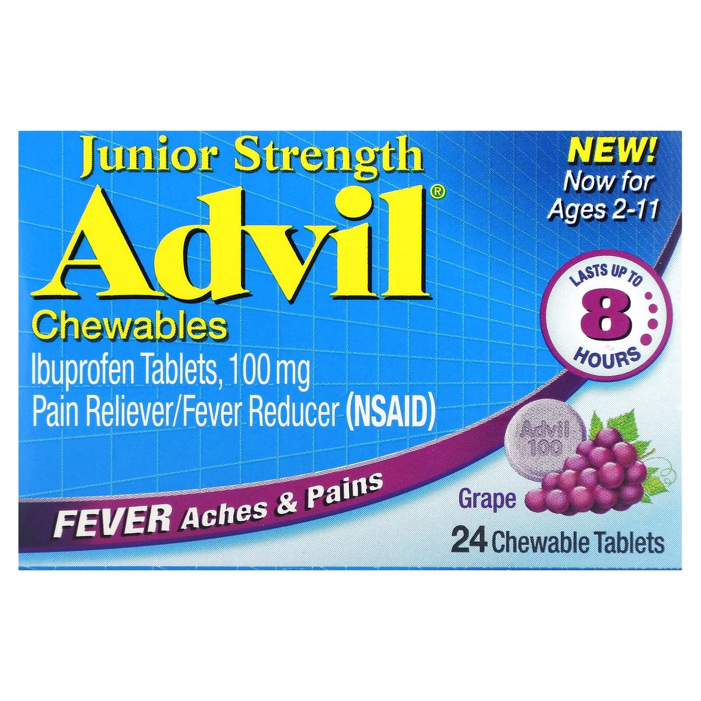 Advil Junior Strength Grape 100mg, 24 Chewable Tablets for Kids 2-11 - Image 1