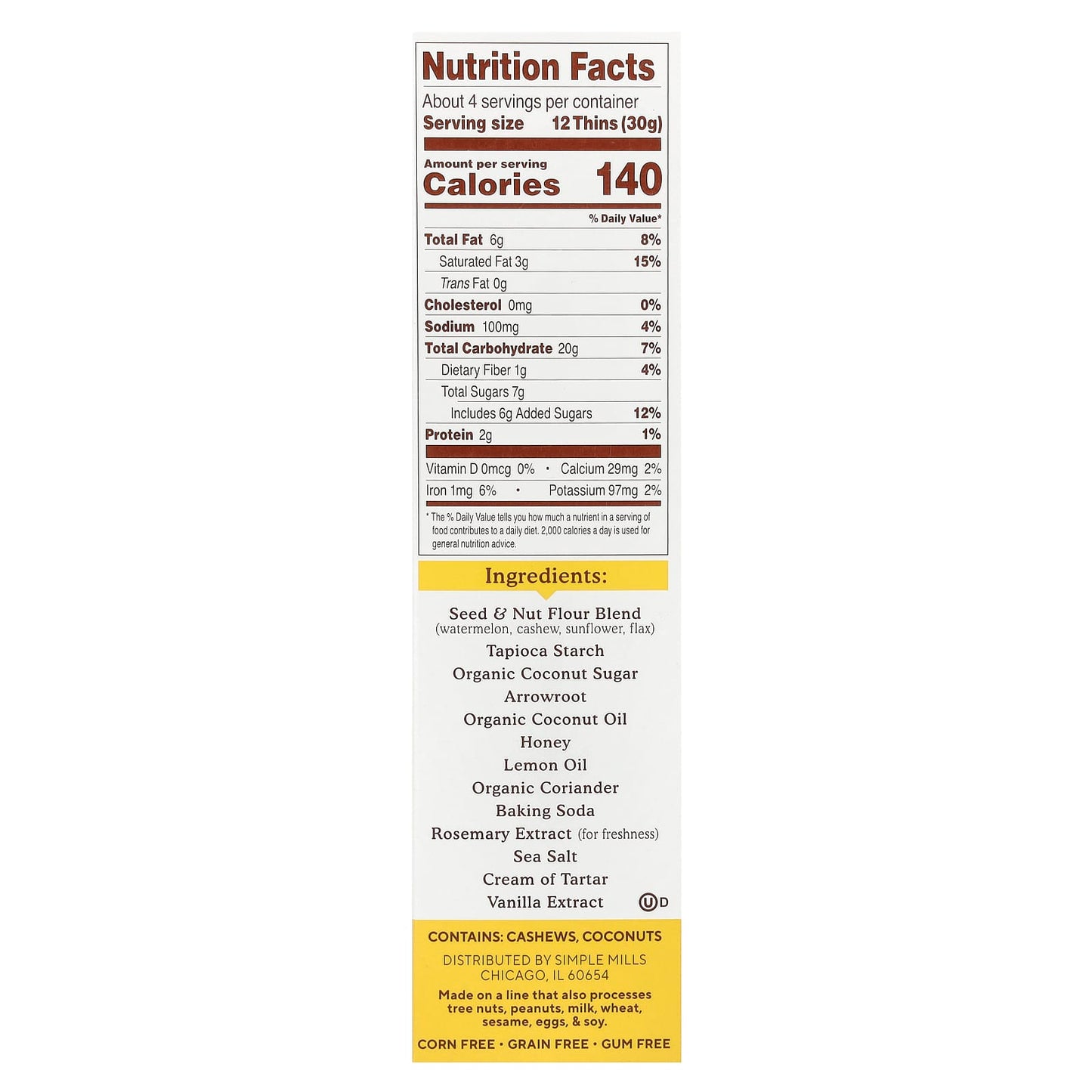 Simple Mills, Seed & Nut Flour Sweet Thins, Lemon, 4.25 oz (120 g) - Image 2