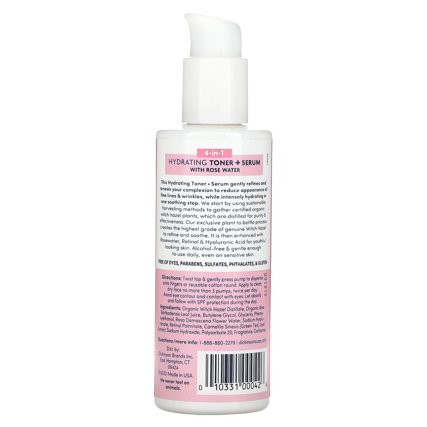 Dickinson Brands, Original Witch Hazel, 4-in-1 Hydrating Toner + Serum with Rose Water, Alcohol Free, 4 fl oz (118 ml) - Image 2
