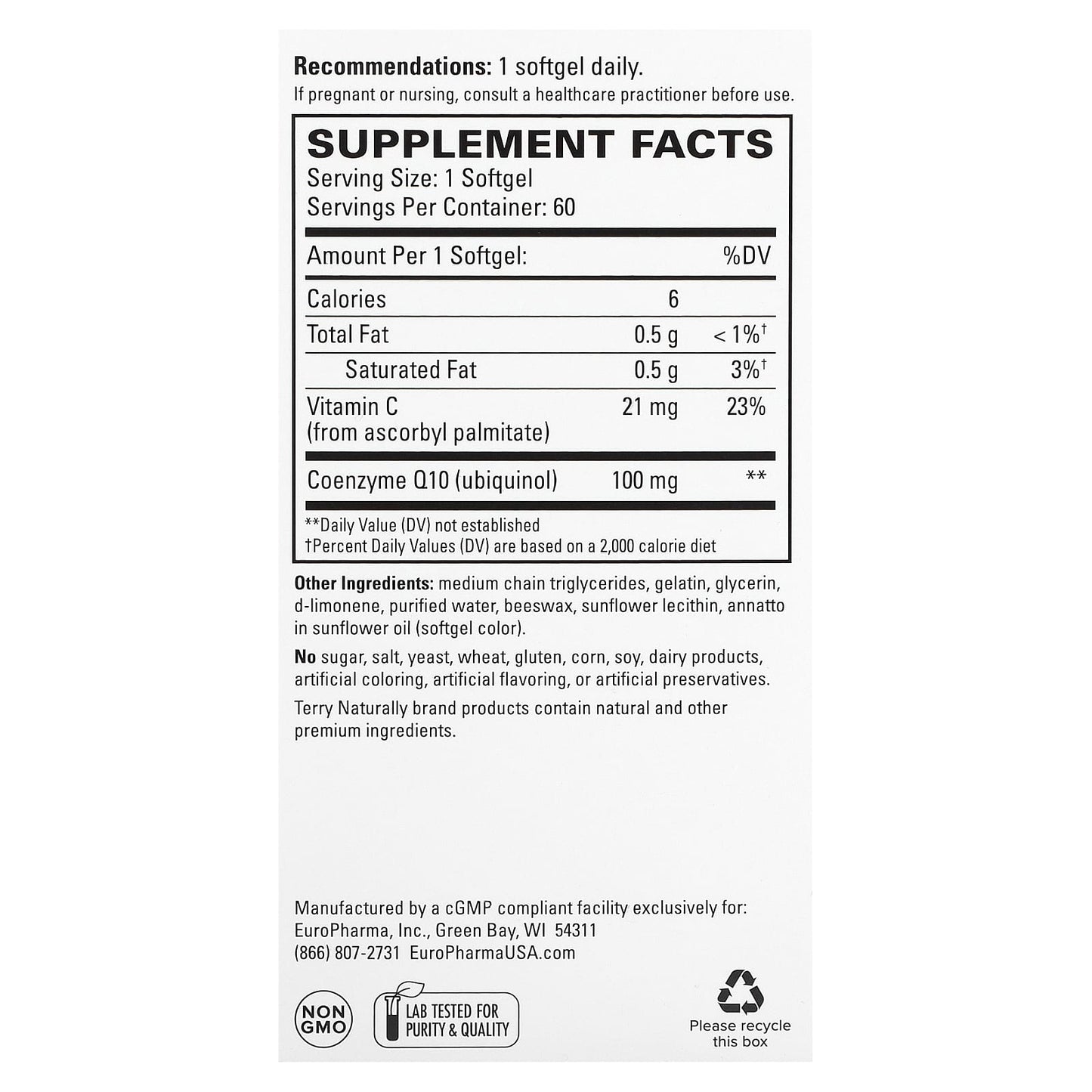 Terry Naturally, CoQ10, Bioactive Ubiquinol, 100 mg, 60 Softgels - Image 2