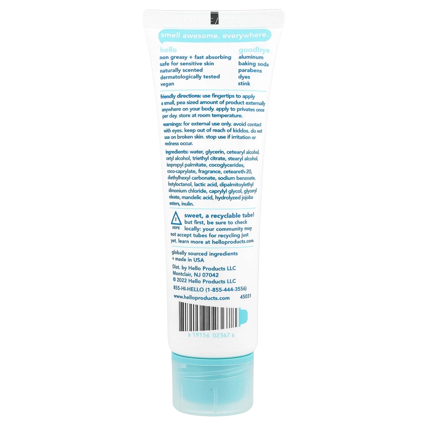 Natural Deodorant Cream for Sensitive Skin, Clean + Fresh, 3 oz (85g) by Hello - Image 2