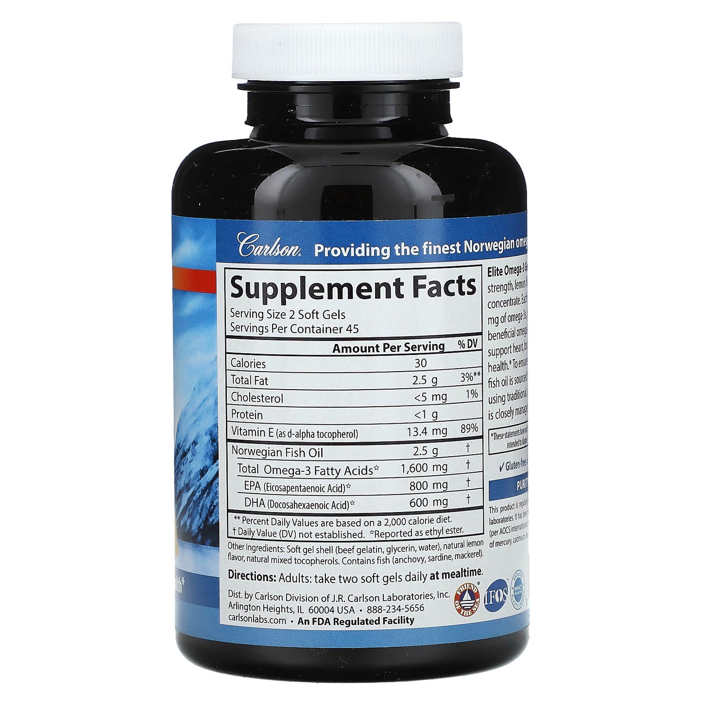 Carlson, Wild Norwegian, Elite Omega-3 Gems®, Natural Lemon, 1,600 mg, 90 Soft Gels (800 mg per Soft Gel)