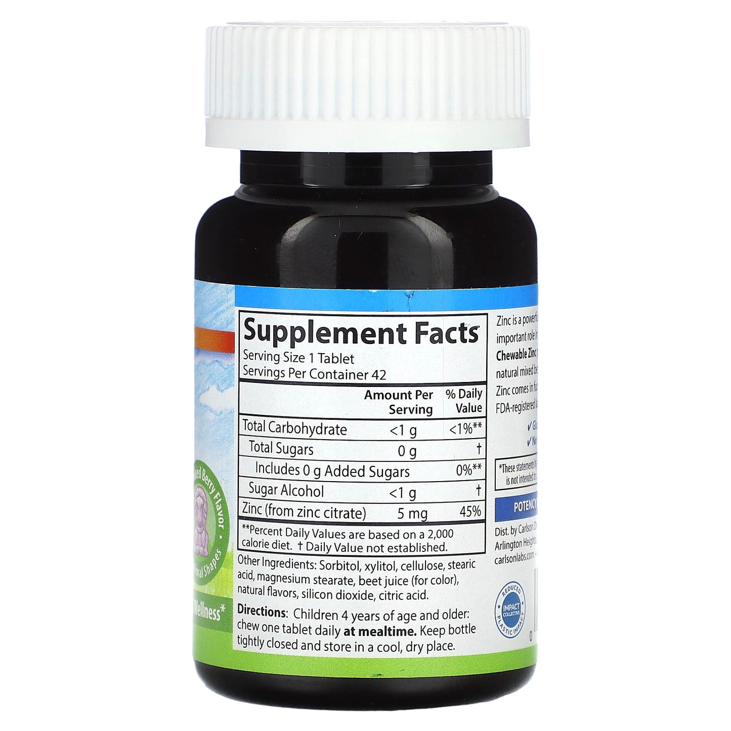 Carlson Kid's Chewable Zinc Supplement, Natural Mixed Berry, 5mg, 42 Tablets - Image 2