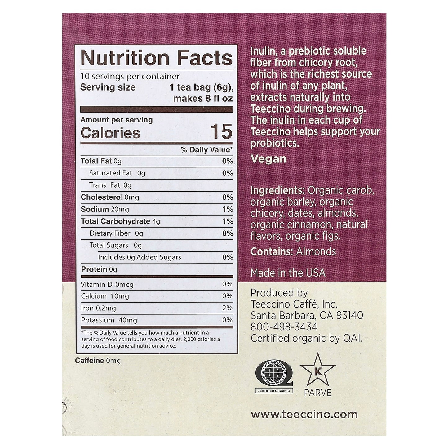 Teeccino, Roasted Herbal Tea, Snickerdoodle, Caffeine Free, 10 Tea Bags, 2.12 oz (60 g) - Image 2