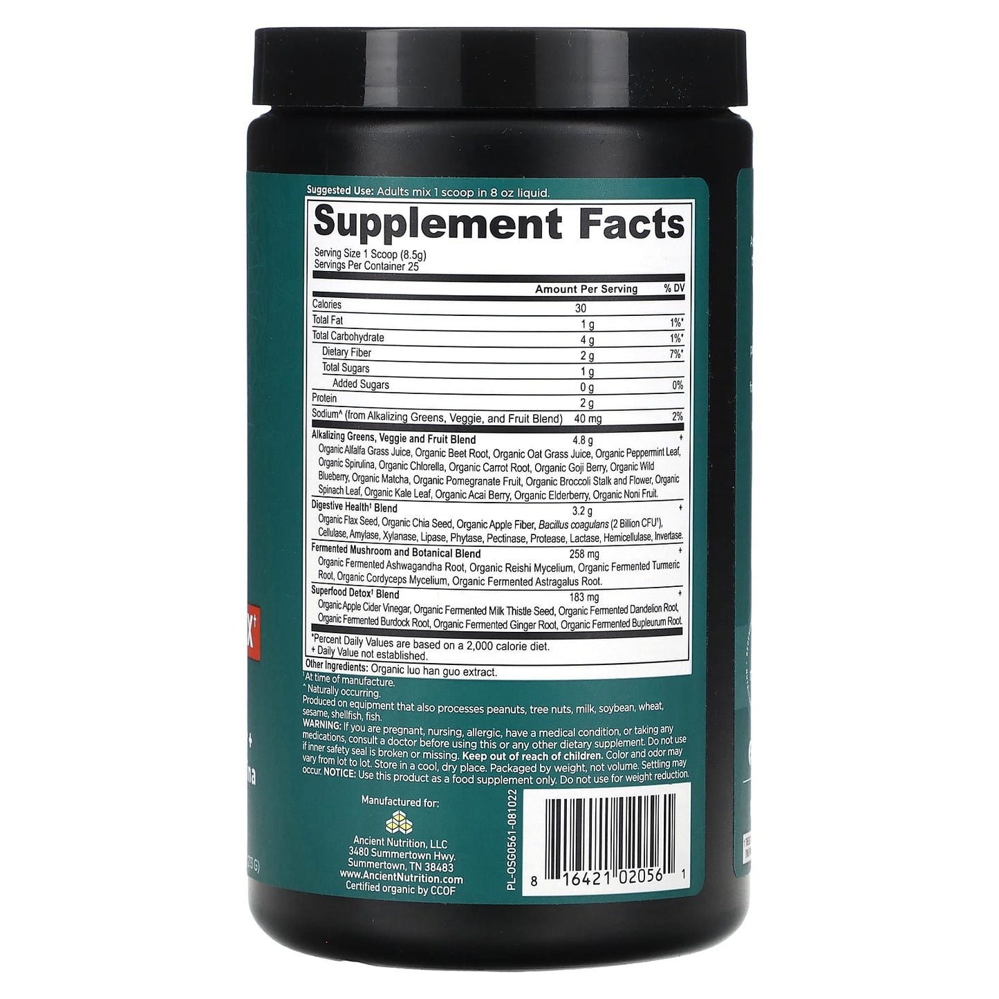 Ancient Nutrition Organic Super Greens Alkalize & Detox Powder 7.5oz - Image 2