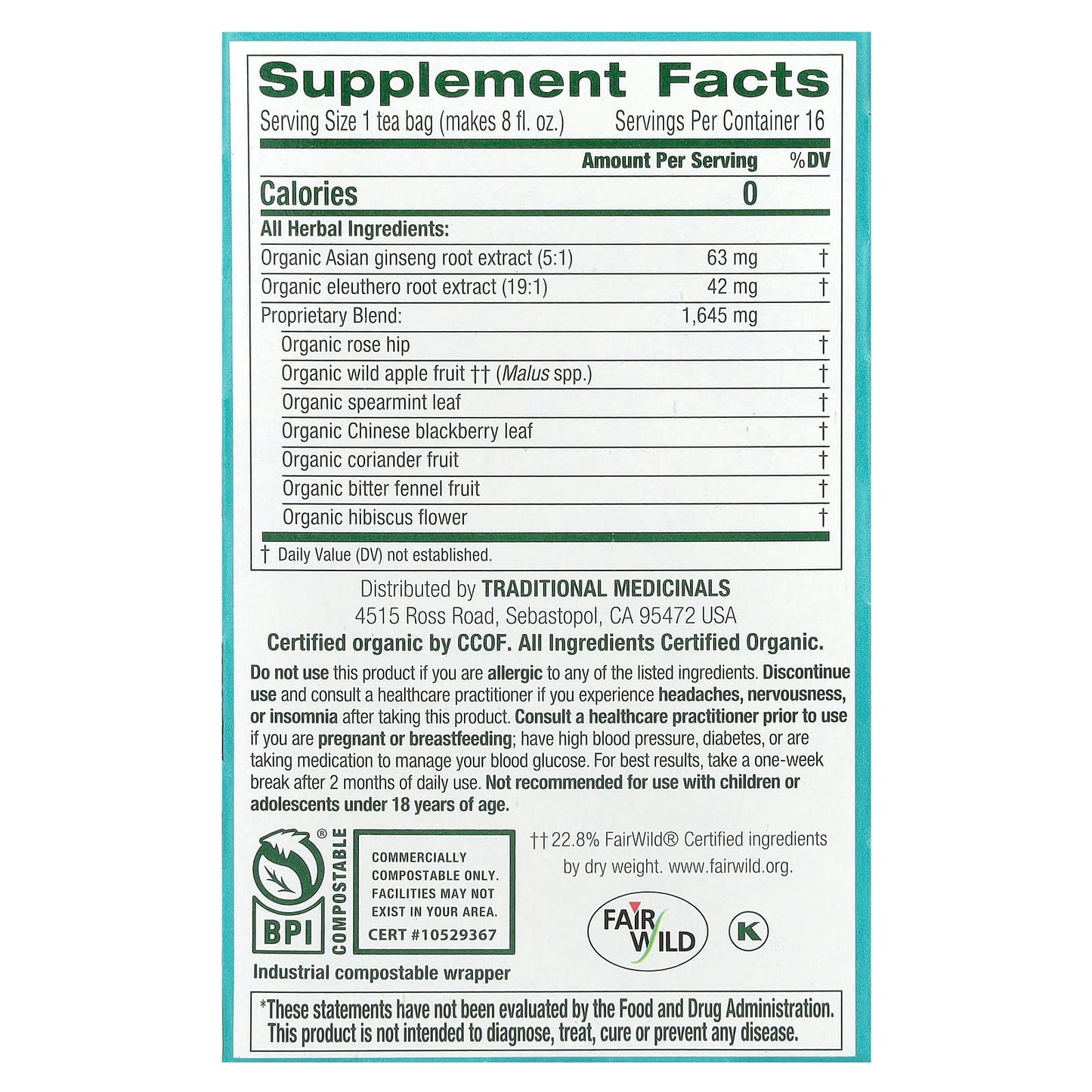 Traditional Medicinals, Organic Stress Ease® Focus, Ginseng Wild Apple Mint, Caffeine Free, 16 Wrapped Tea Bags, 0.99 oz (28 g) - Image 2