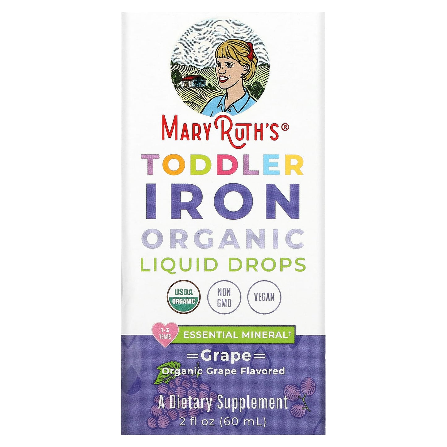 MaryRuth's, Toddler Iron Organic Liquid Drops, 1-3 Years, Grape, 3.5 mg, 2 fl oz (60 ml) - Image 1