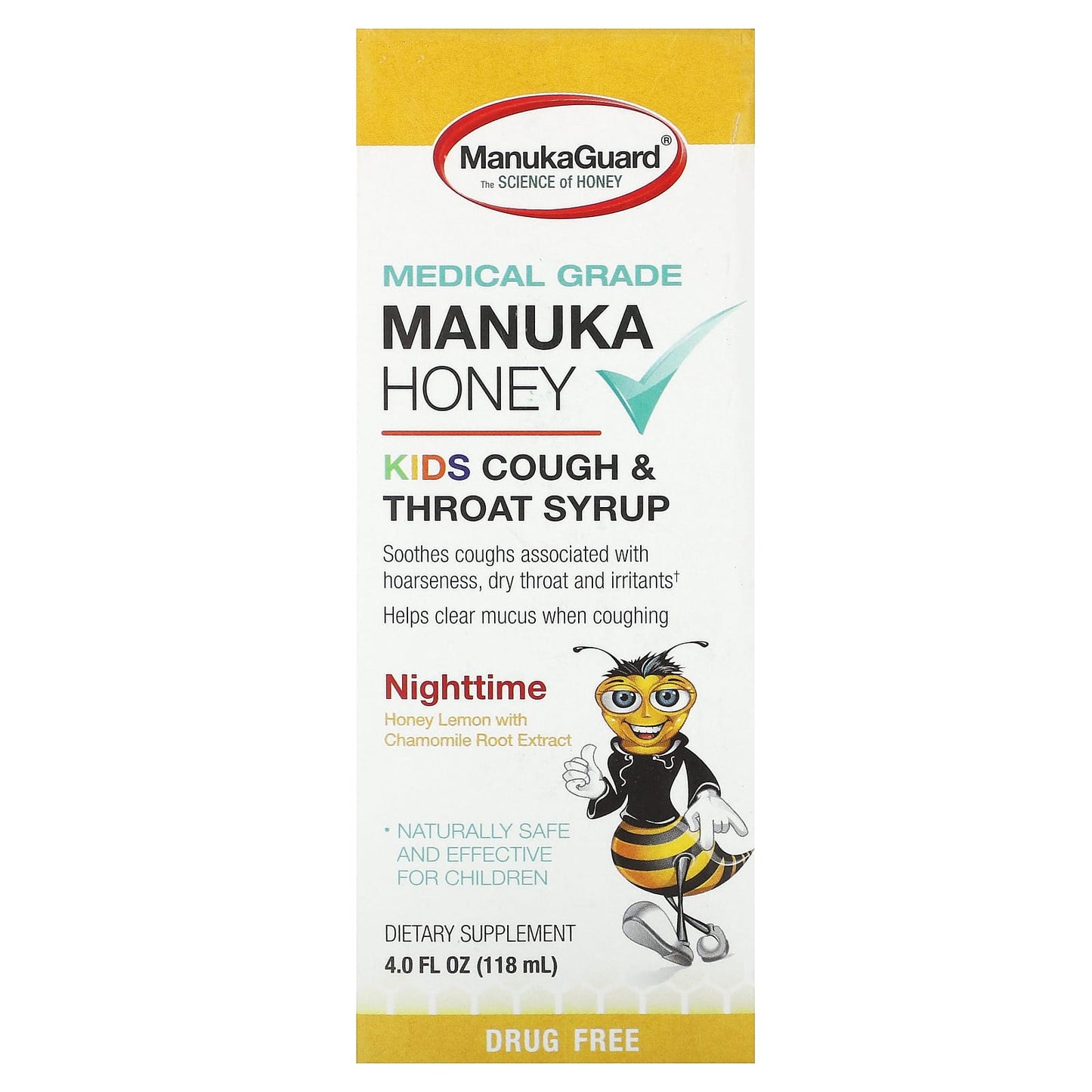 ManukaGuard, Manuka Honey, Kids Cough & Throat Syrup, Nighttime, Honey Lemon, 4 fl oz (118 ml) - Image 1