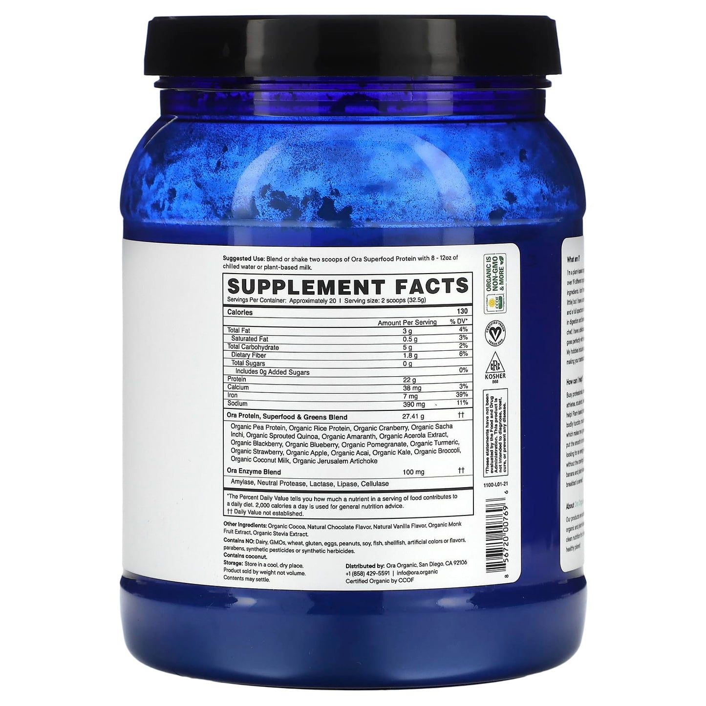 Ora, So Lean & So Clean, Plant-Based Superfood Protein, Chocolate, 22.9 oz (650 g) - Image 2