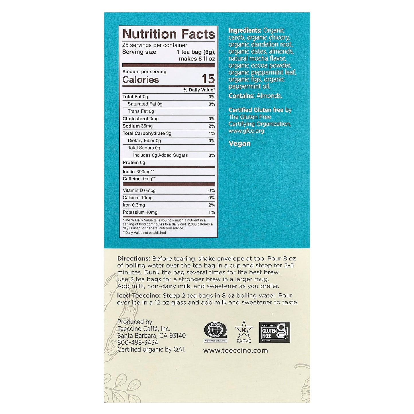 Teeccino, Roasted Herbal Tea, Dandelion Mocha Mint, Caffeine Free, 25 Tea Bags, 5.3 oz (150 g) - Image 2
