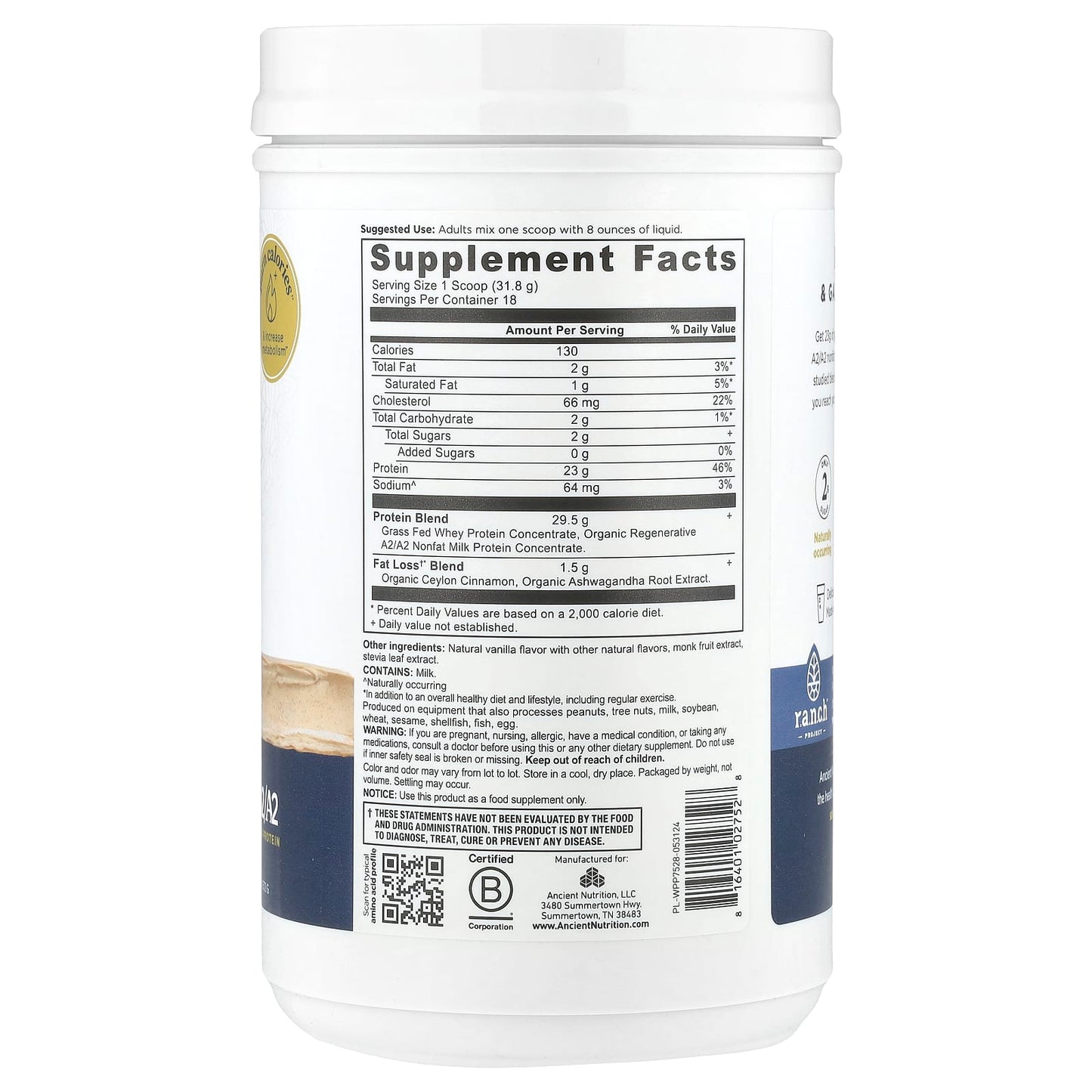 Ancient Nutrition Whey Protein Fat Loss Blend, Vanilla Cinnamon, 1.26 lb - Image 2