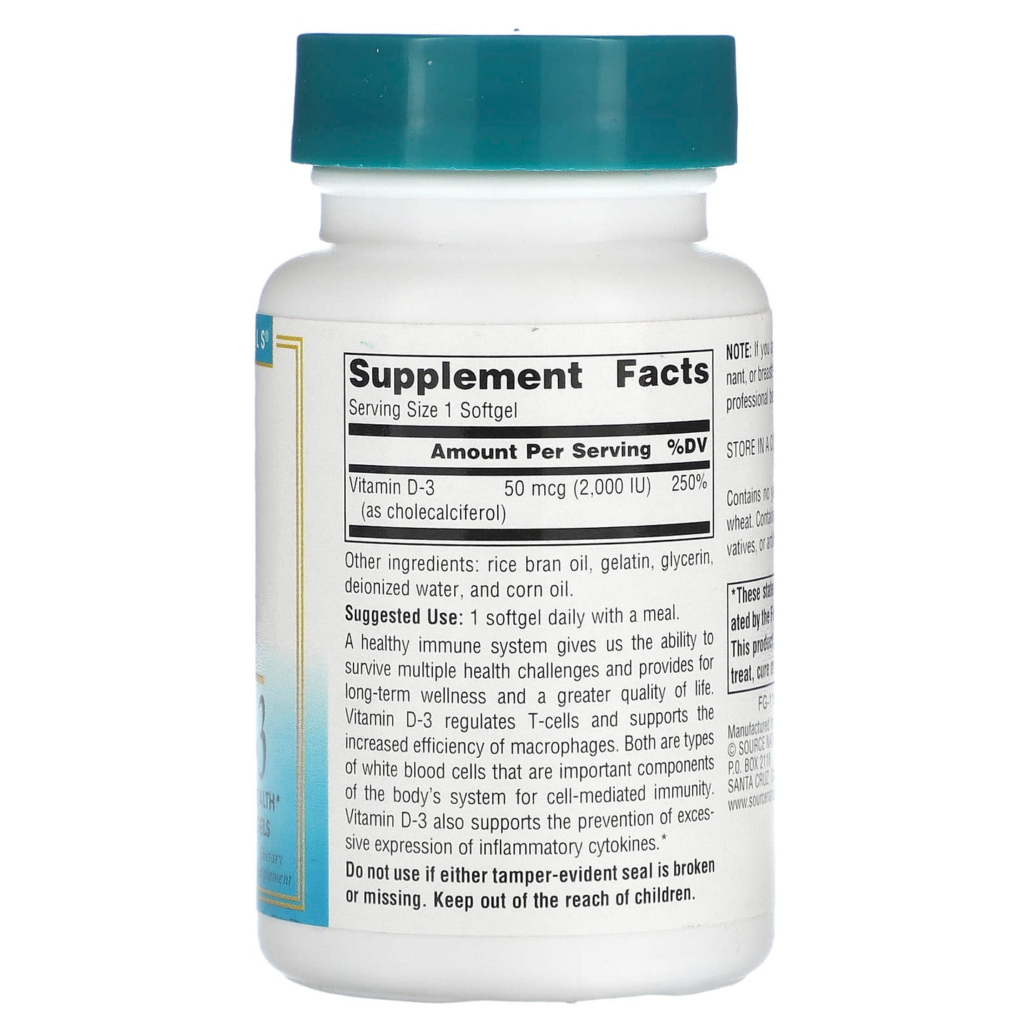 Source Naturals, Wellness, Vitamin D-3, 50 mcg (2,000 IU), 200 Softgels - Image 2