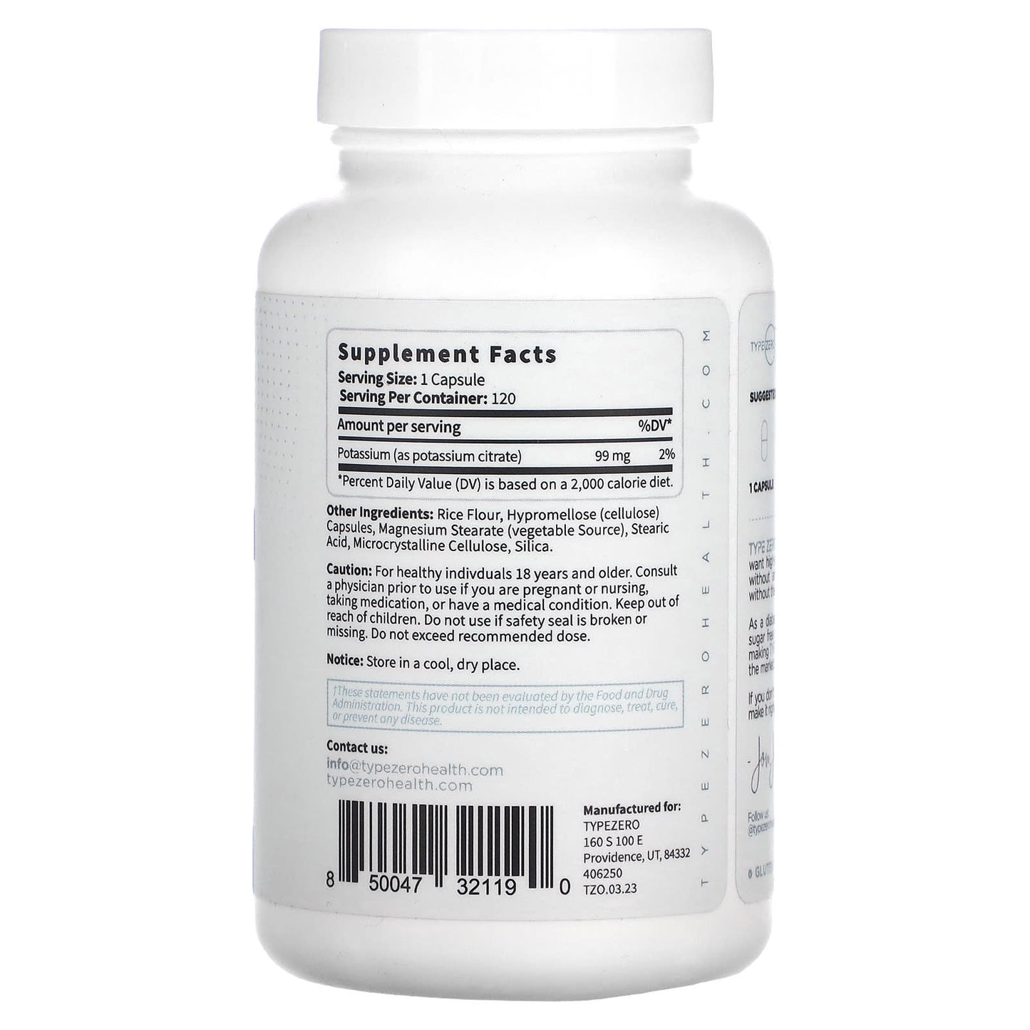 TypeZero, Clean, Potassium, 99 mg, 120 Capsules