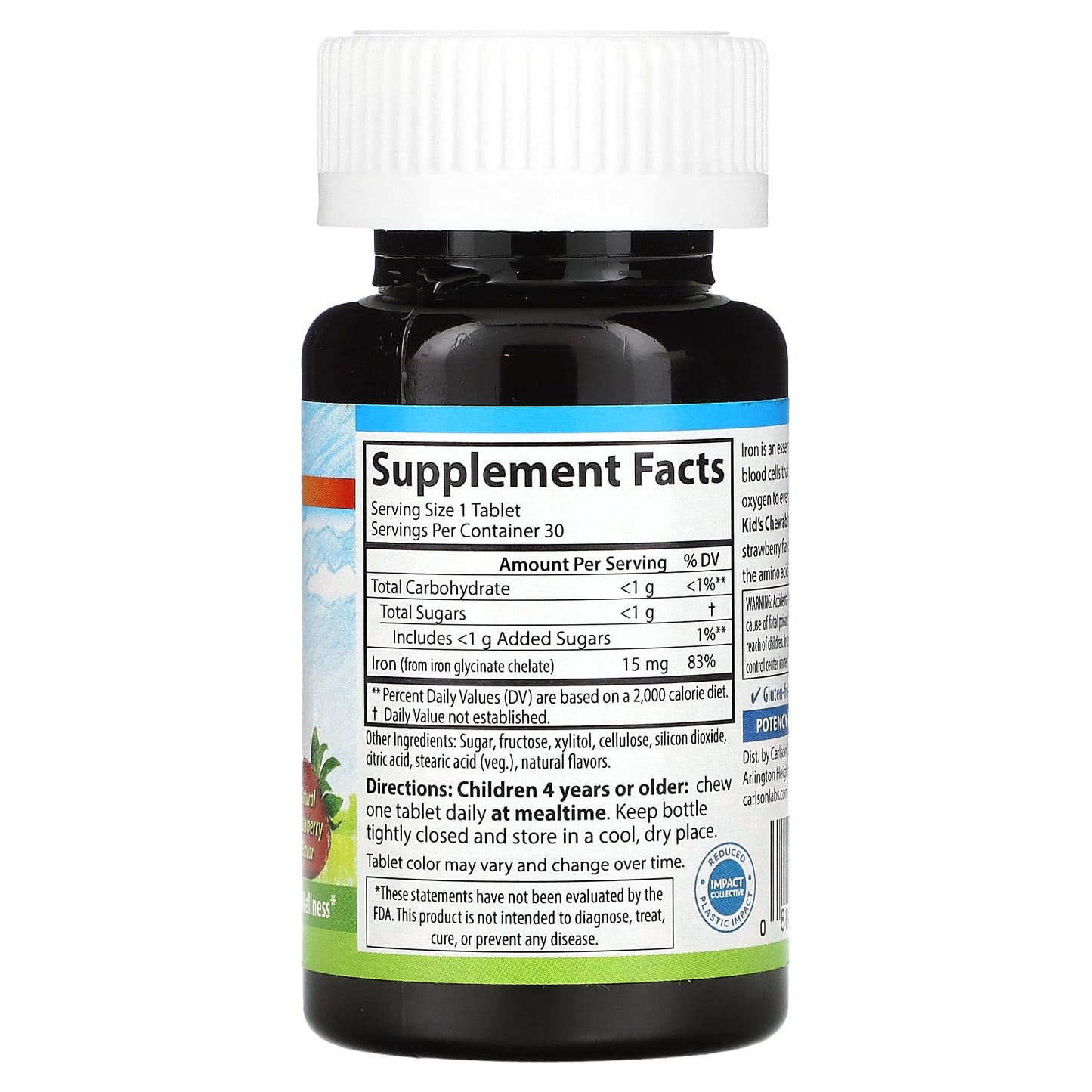 Carlson Kid's Chewable Iron Supplement, 15mg, 30 Tablets, Strawberry Flavor - Image 2