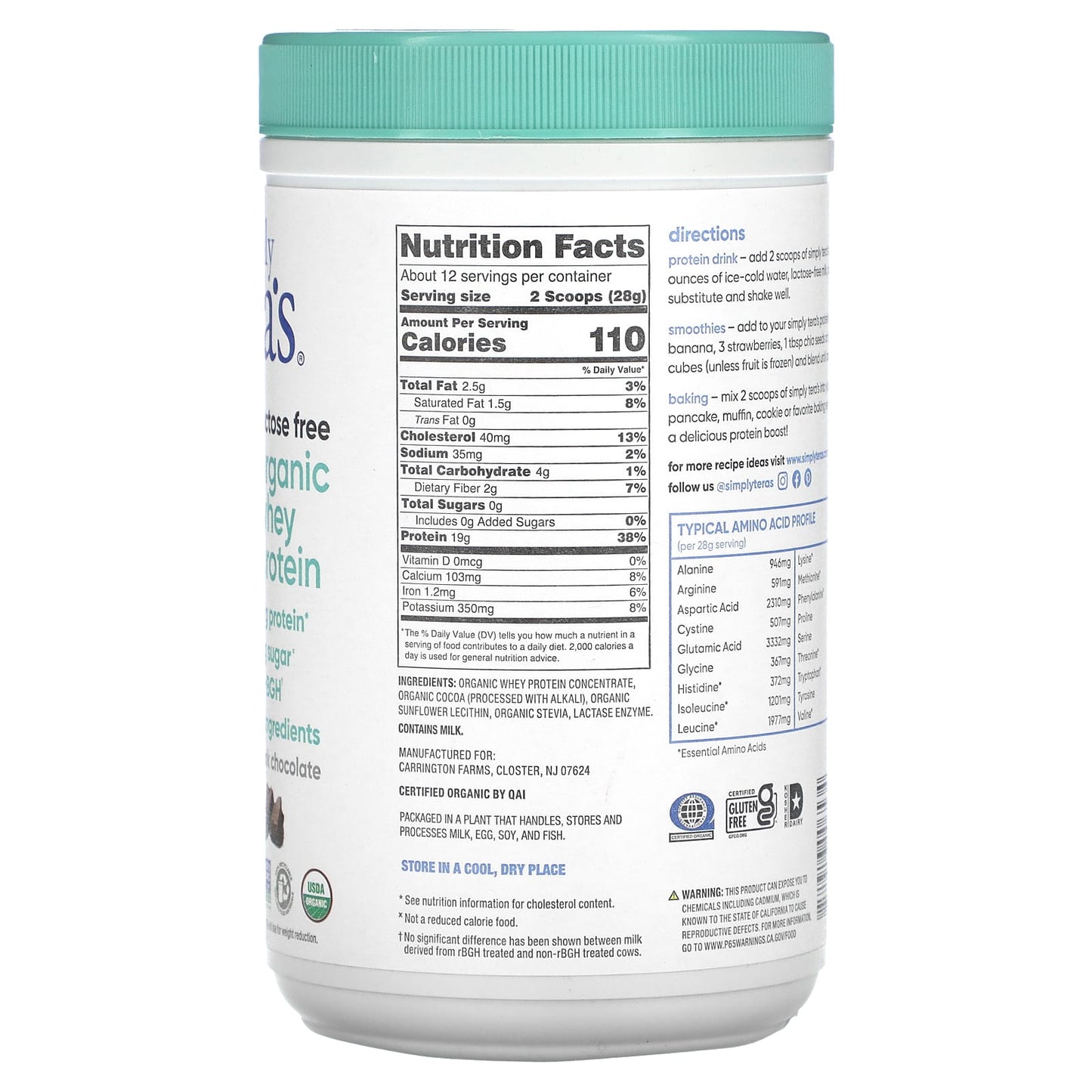 Simply Tera's, Organic Whey Protein, Dark Chocolate, 12 oz (340 g) - Image 2