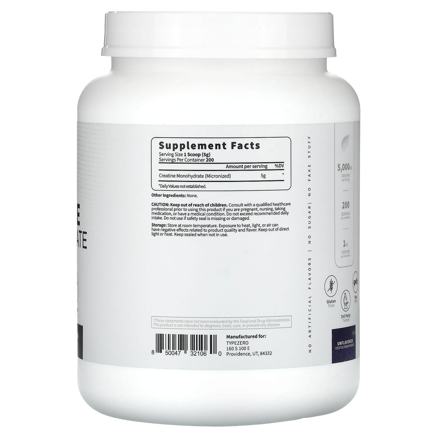 TypeZero, Clean, Creatine Monohydrate, Unflavored, 5,000 mg, 35 oz (1 kg) - Image 2