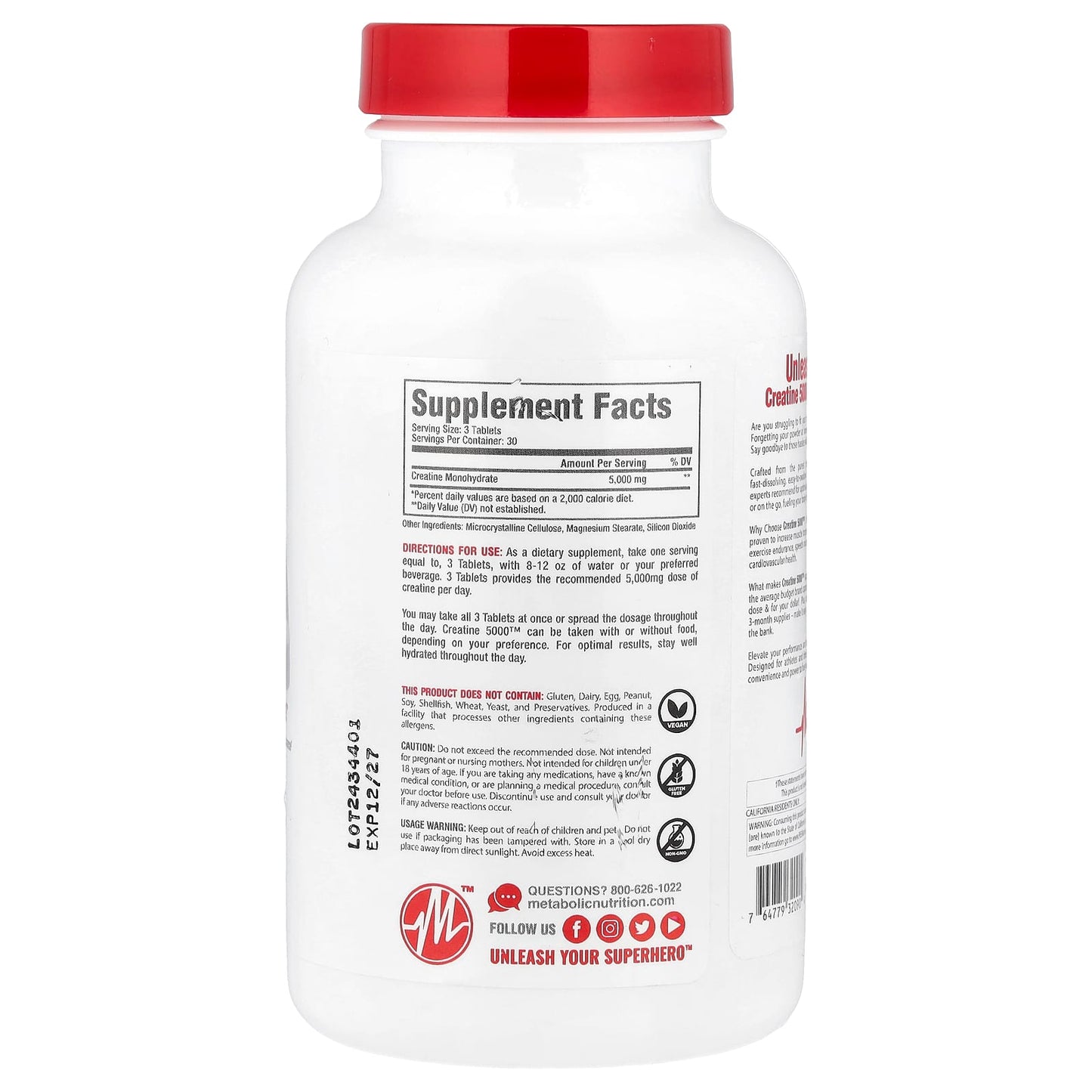 Metabolic Nutrition, Creatine 5000™, 90 Tablets (1,666 mg per Tablet)