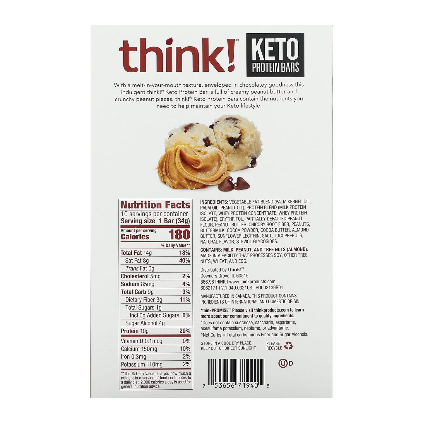Think !, Keto Protein Bars, Chocolate Peanut Butter Cookie Dough, 10 Bars, 1.2 oz (34 g) Each - Image 2
