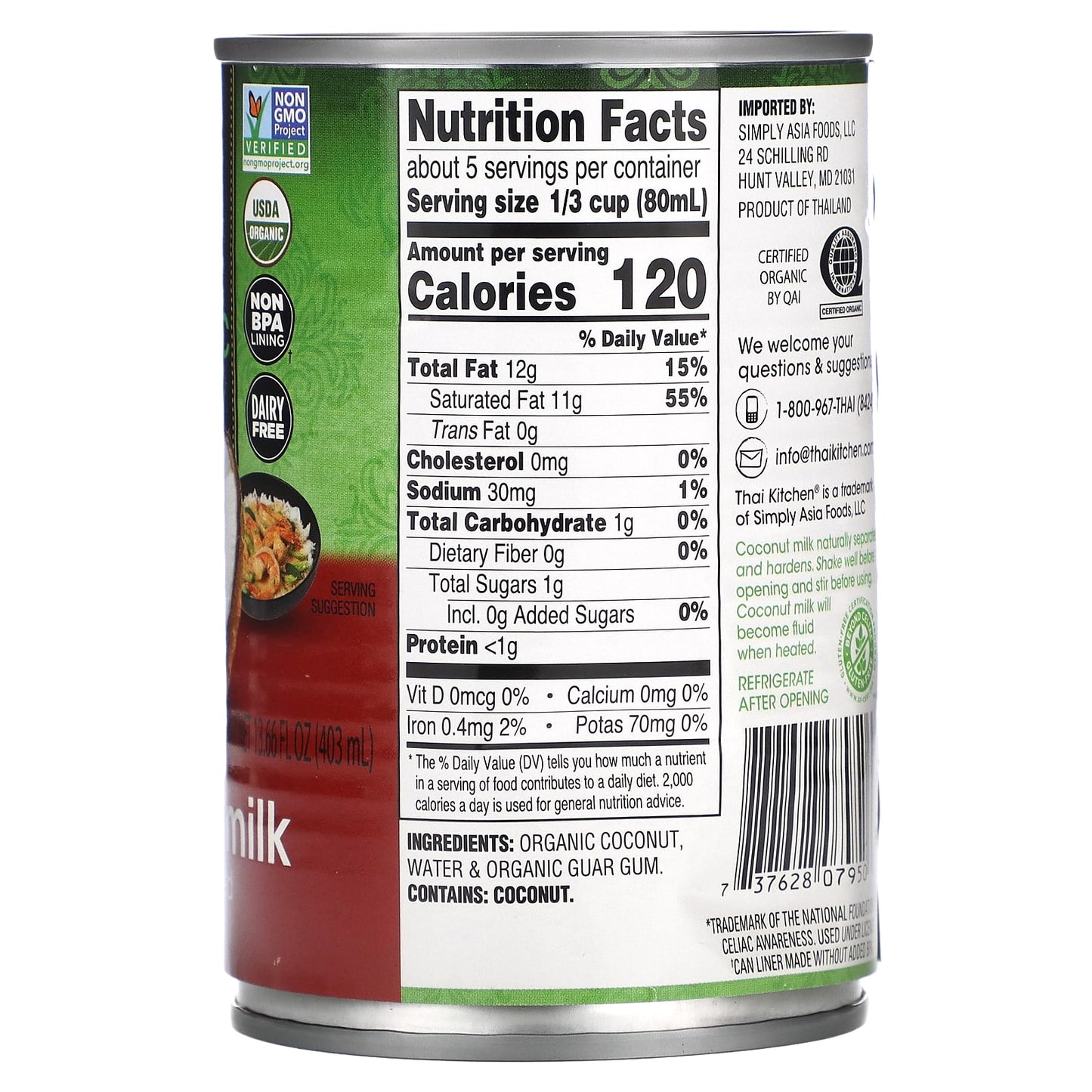 Thai Kitchen, Organic Coconut Milk, Unsweetened, 13.66 fl oz (403 ml) - Image 2