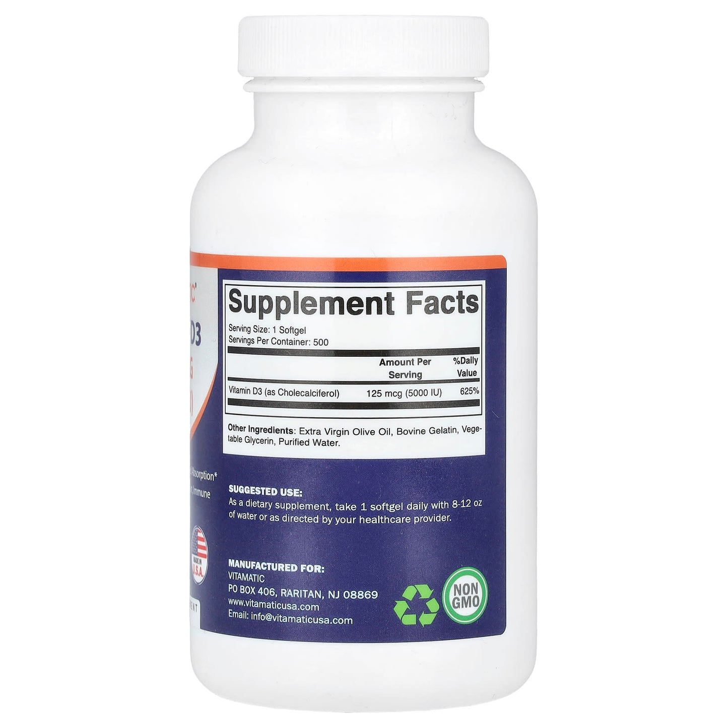 Vitamatic, Vitamin D3, 125 mcg (5,000 IU), 500 Softgels - Image 2