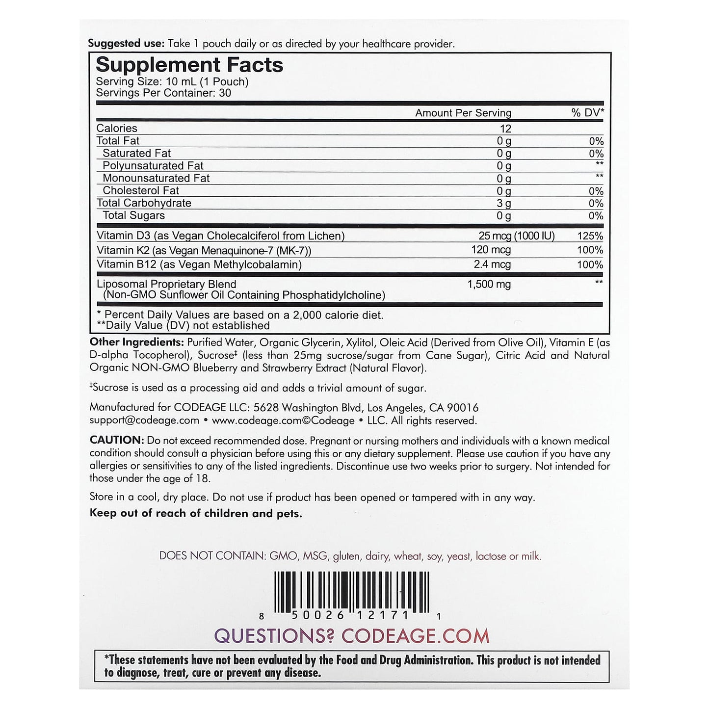 CodeAge Liposomal D3+K2+B12 Liquid Dietary Supplement, 30 Pouches - Image 2