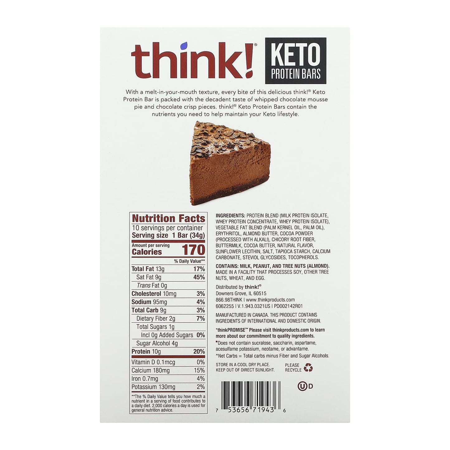 Think !, Keto Protein Bars, Chocolate Mousse Pie, 10 Bars, 1.2 oz (34 g) Each - Image 2