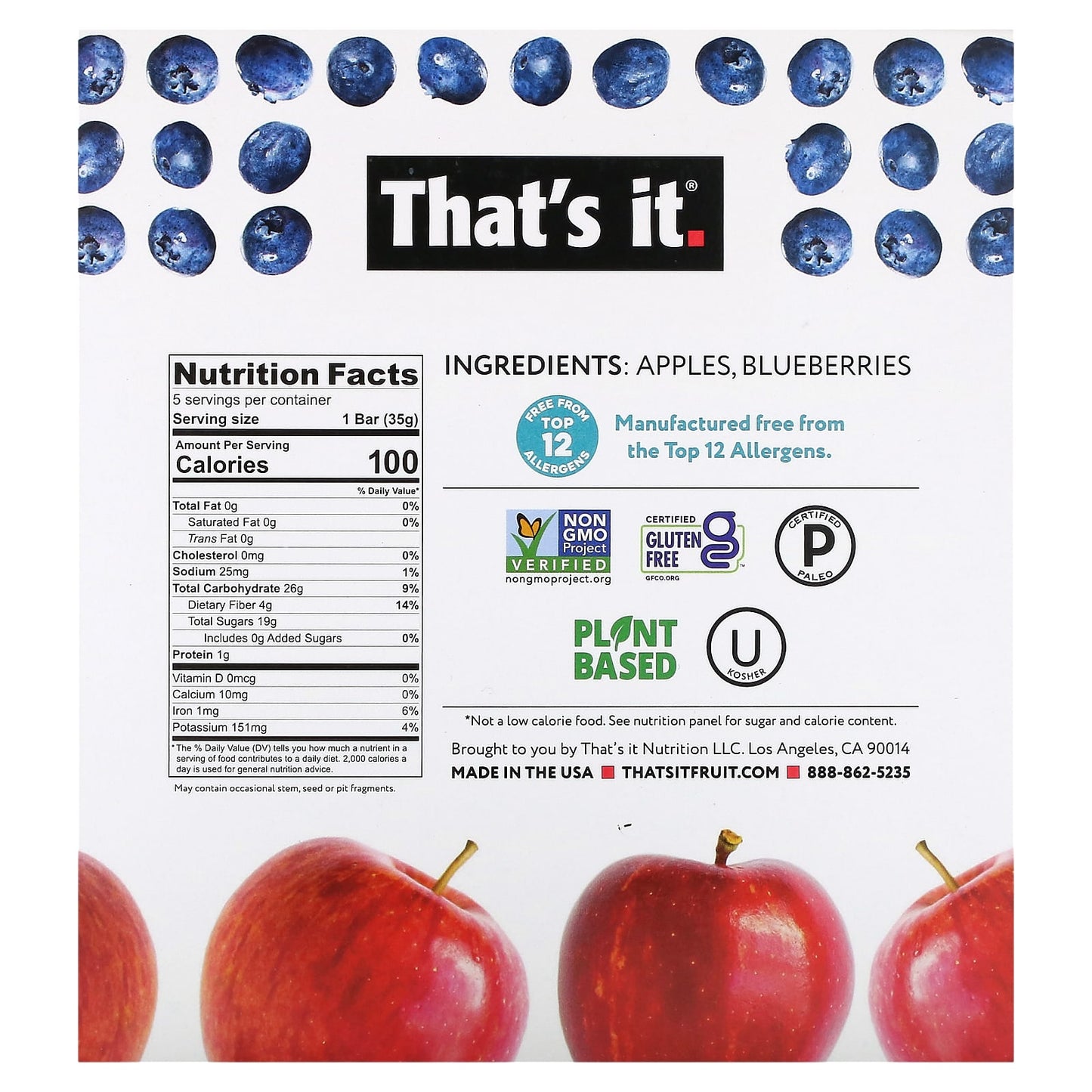 That's It, Fruit Bar, Apple + Blueberries, 5 Fruit Bars, 1.2 oz (35 g) Each - Image 2