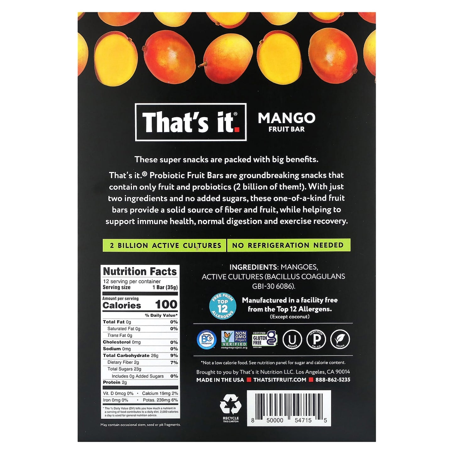 That's It, Probiotics + Prebiotics Fruit Bar, Mango, 12 Bars, 1.2 oz (35 g) Each - Image 2