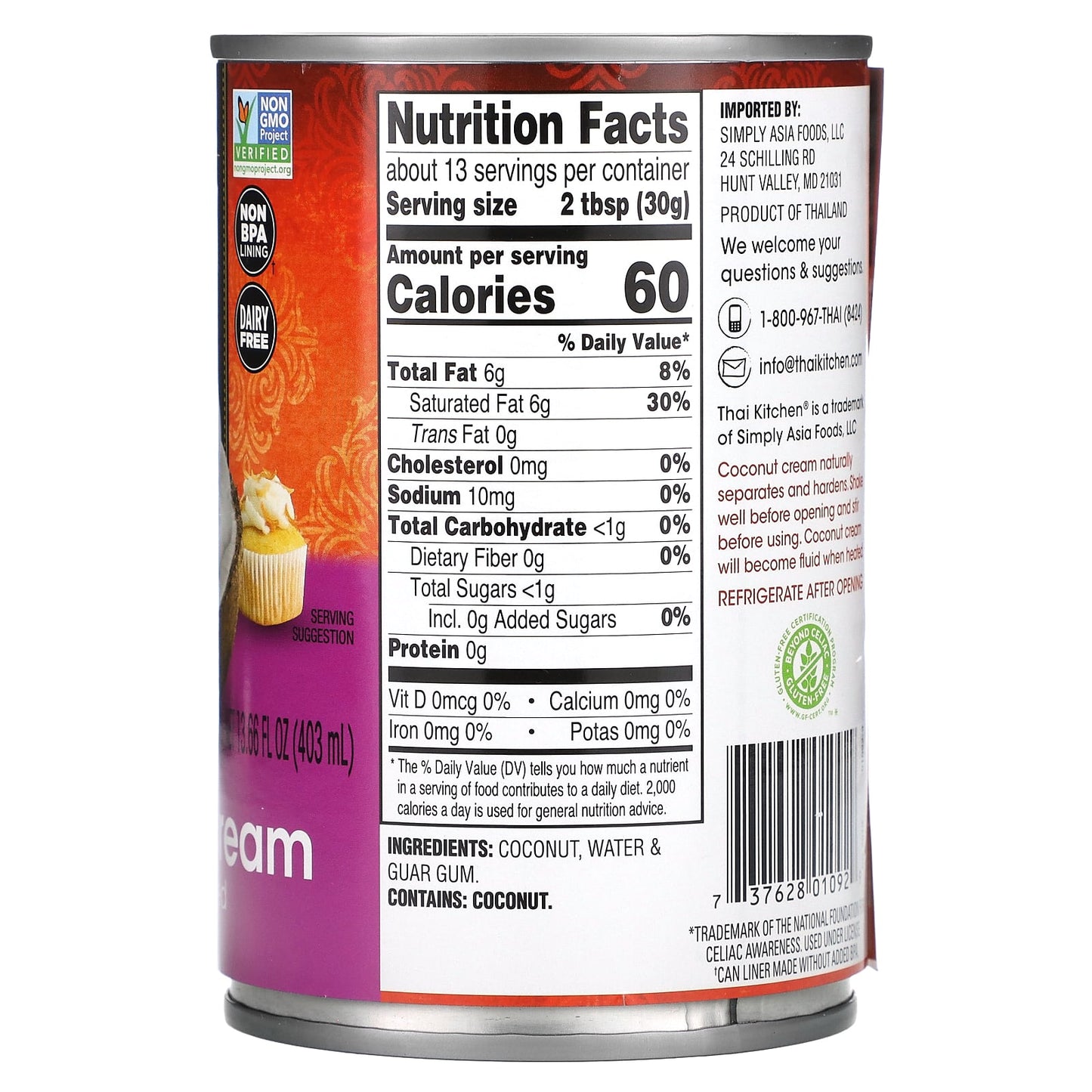 Thai Kitchen, Coconut Cream, Unsweetened, 13.66 fl oz (403 ml) - Image 2