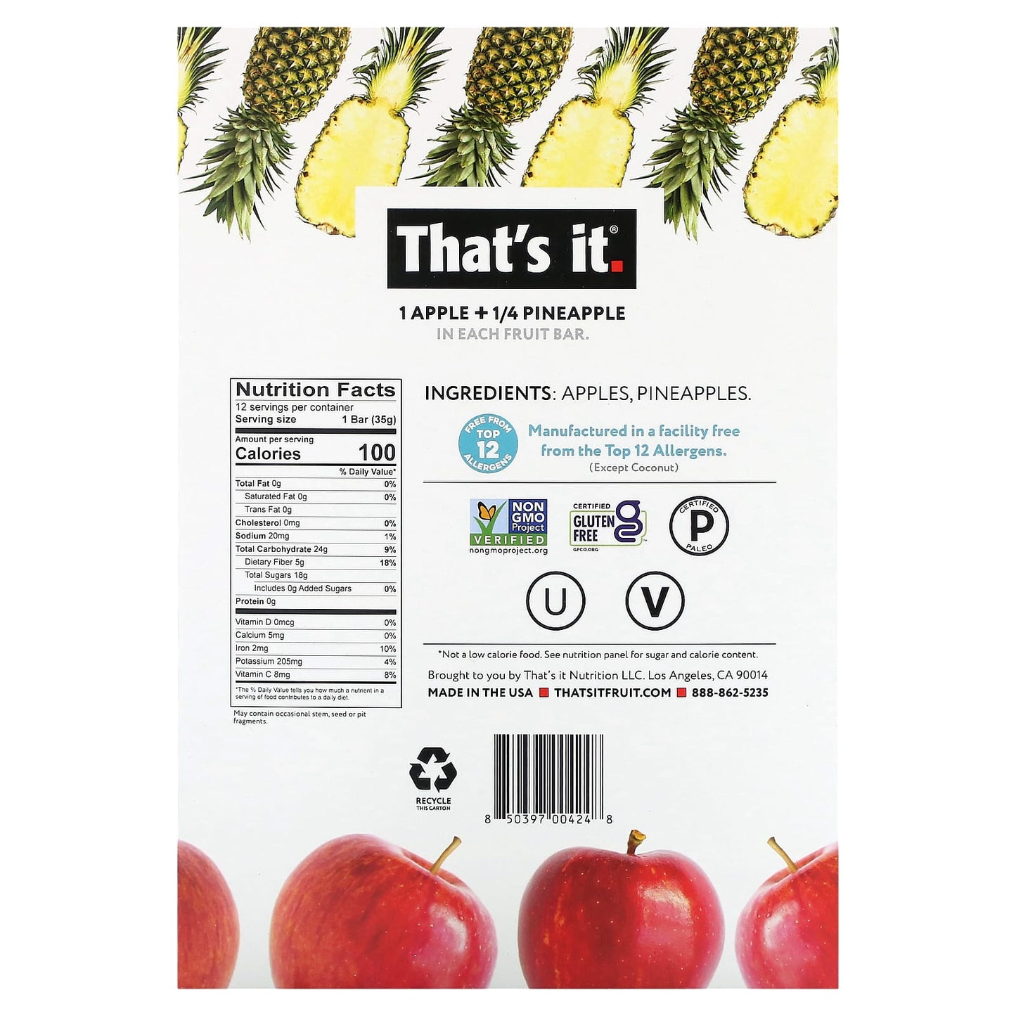 That's It, Fruit Bar, Apple + Pineapple, 12 Bars, 1.2 oz (35 g) Each - Image 2