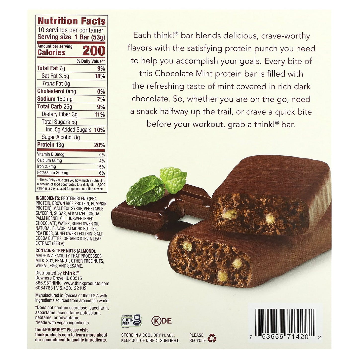 Think !, High Protein Bars, Chocolate Mint, 10 Bars, 1.86 oz (53 g) Each - Image 2
