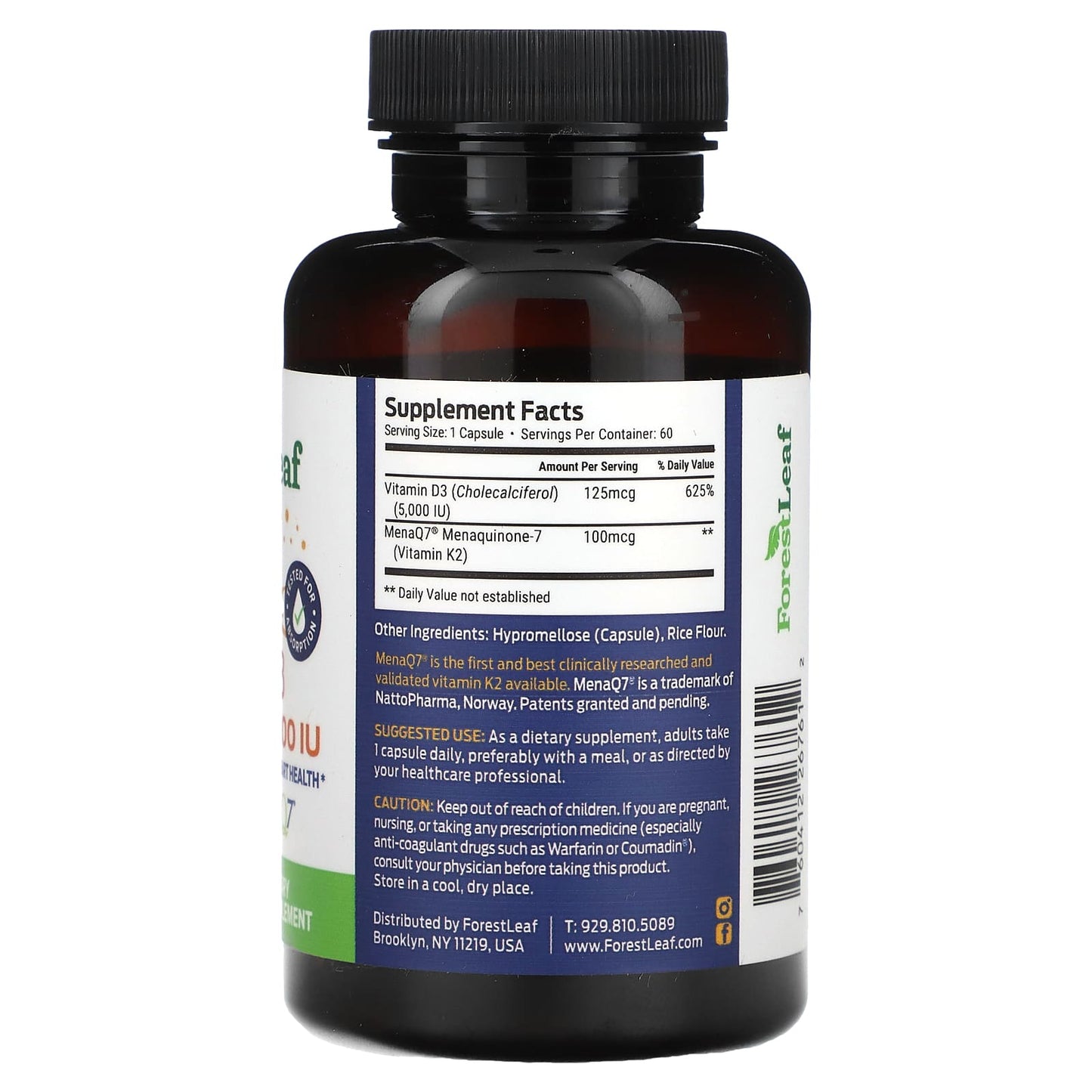 Vitamin K2 + D3 Supplement 60 Capsules by Forest Leaf - Image 2