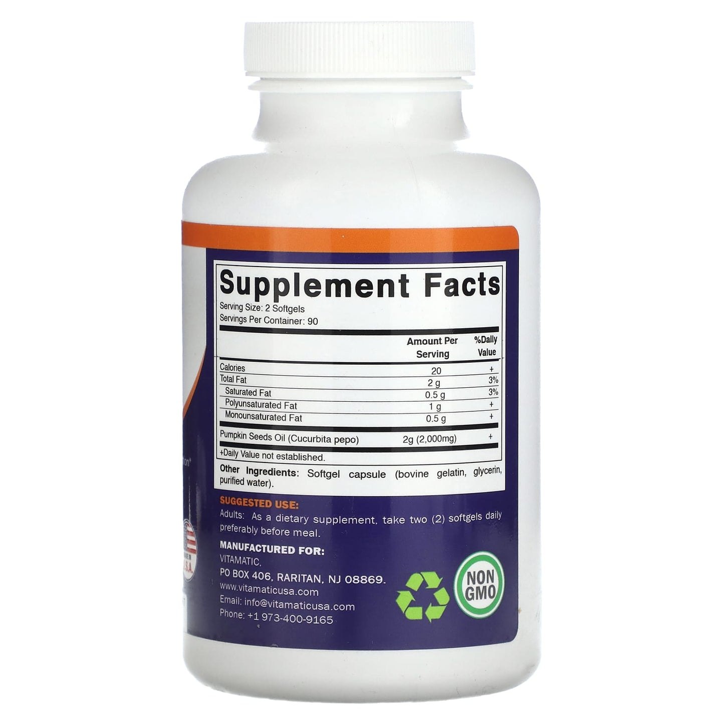 Vitamatic, Pumpkin Seed Oil, 2,000 mg, 180 Softgels (1,000 mg per Softgel) - Image 2