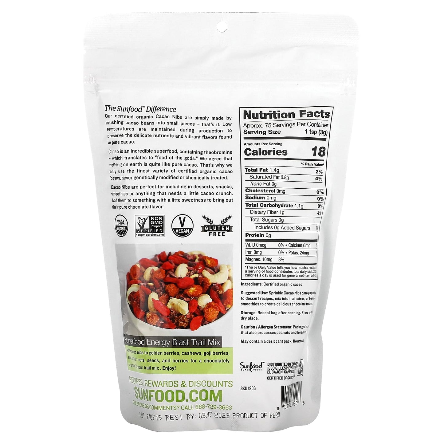 Sunfood, Organic Cacao Nibs, 8 oz (227 g) - Image 2