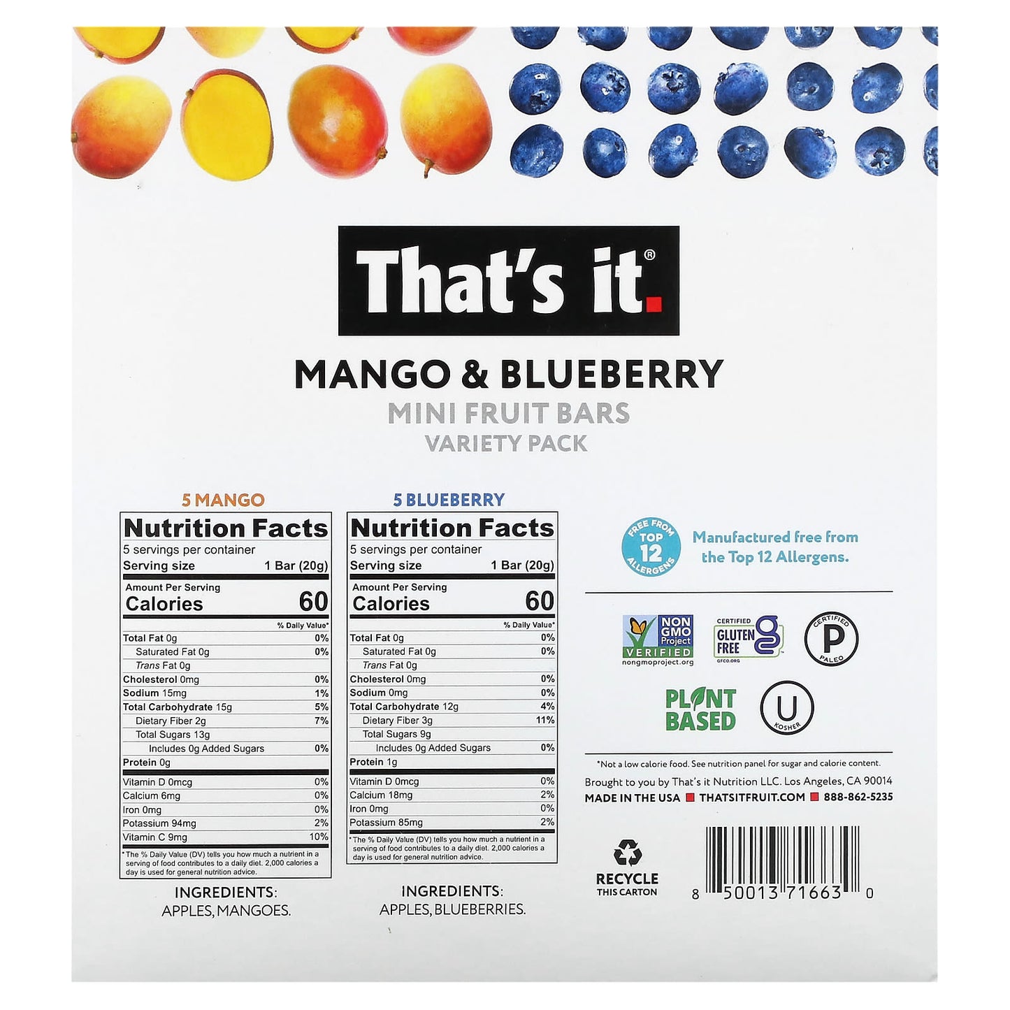 That's It, Mini Fruit Bars, Variety Pack, Mango & Blueberry, 10 Bars, 0.7 oz (20 g) Each - Image 2